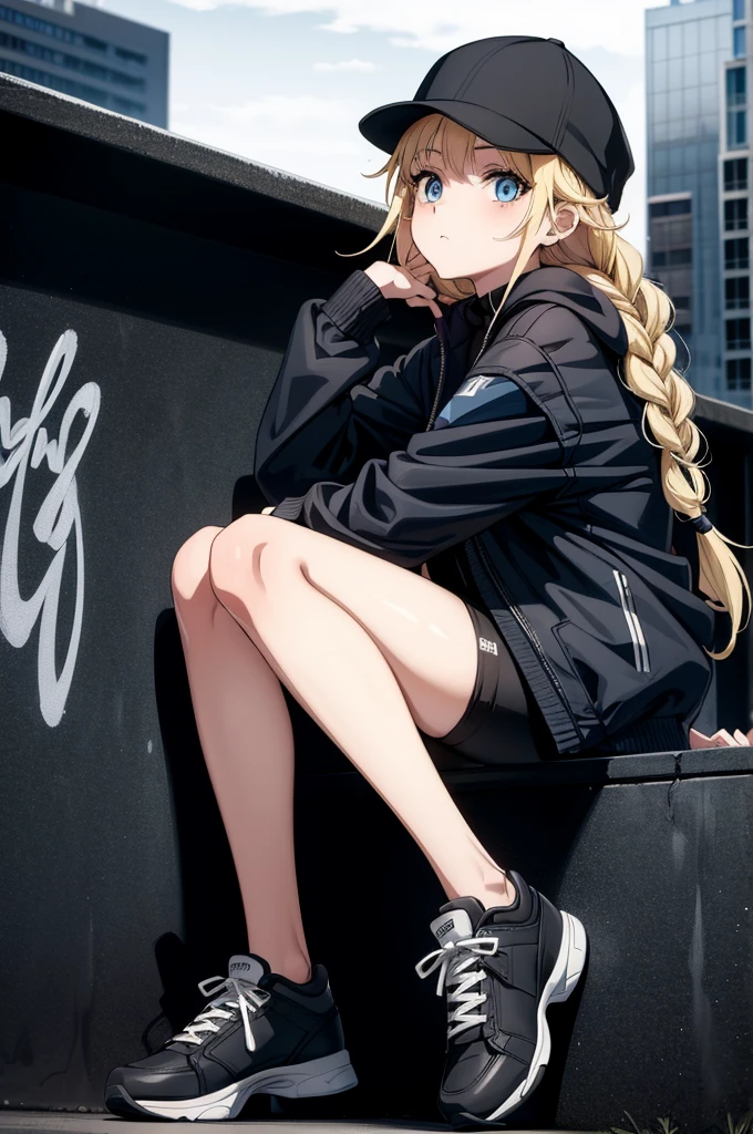 (((grayscale)))(masterpiece:1.2, best quality), (graffiti wall:1.15)a girl on a motorcycle in the city looking up at the sunset, 1girl, ground vehicle, blue eyes, blonde hair, solo, hat, jacket, long hair, braid, mountain, outdoors, motorcycle, black headwear, shorts, looking at viewer, motor vehicle, baseball cap, shoes, black shorts, multicolored jacket, open clothes