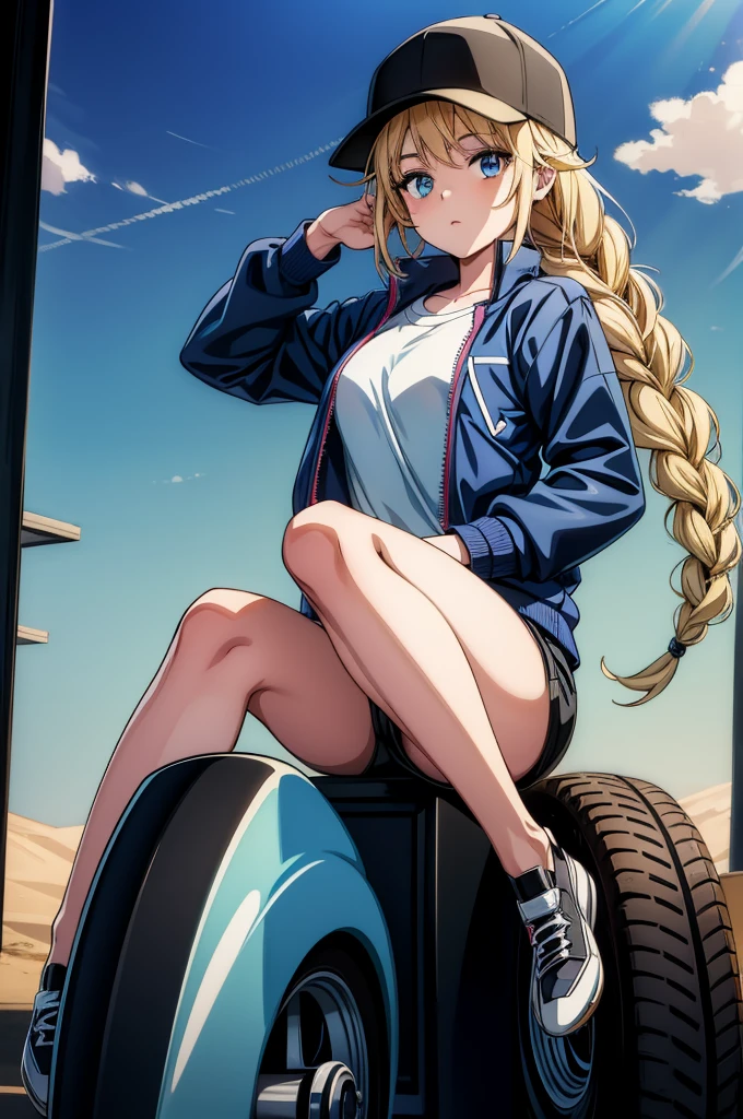 a beautiful anime pose of attractive young woman sitting on motorcycle in parking lot, 1girl, motorcycle, hat, solo, blue eyes, braid, ground vehicle, blonde hair, baseball cap, motor vehicle, shorts, jacket, looking at viewer, shirt, open clothes, twin braids, open jacket, black headwear, long hair