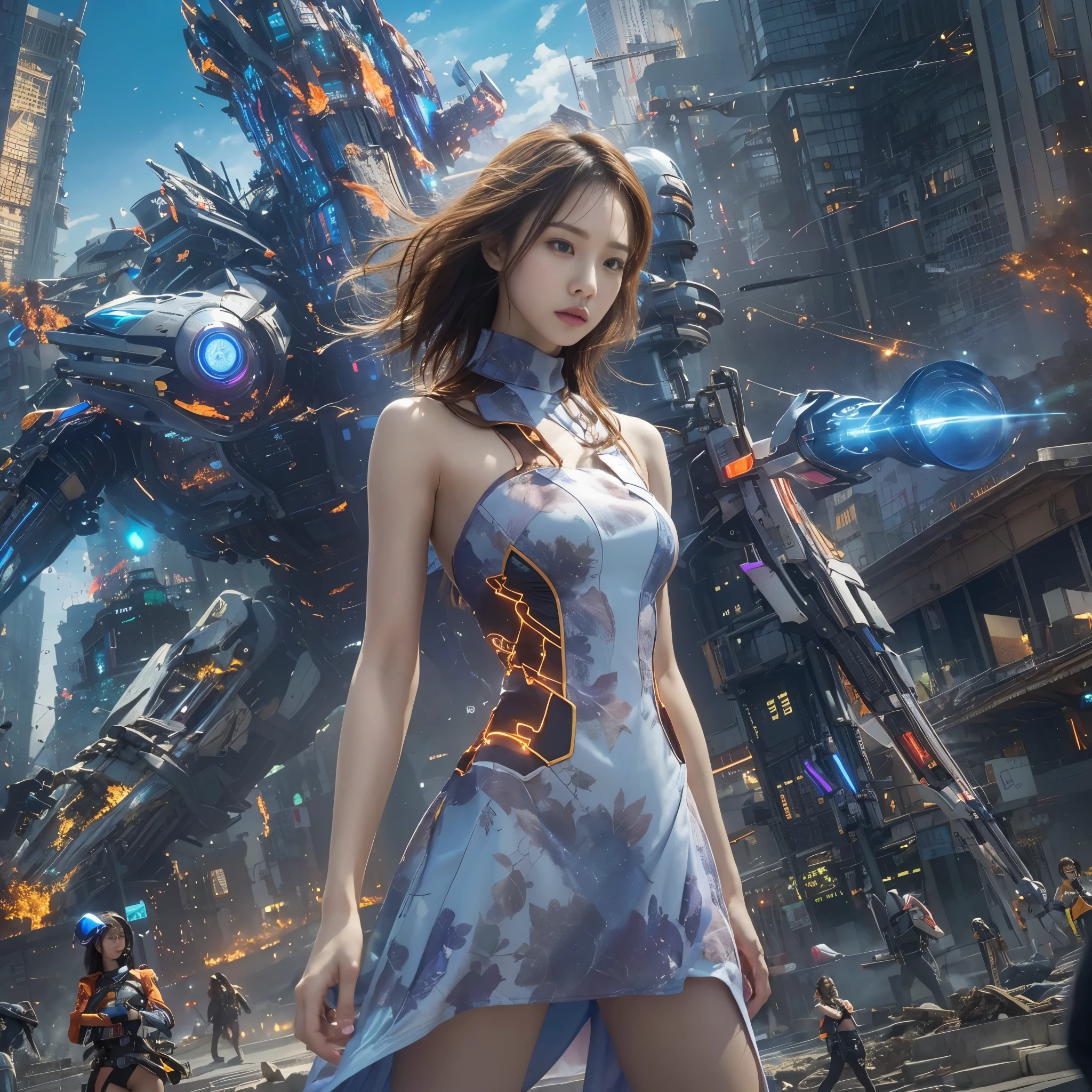 (highest quality、4k、8K、High resolution、masterpiece: 1.2)、Super detailed、(genuine、photogenuineistic、photogenuineistic: 1.37)、Destruction of a Great City、(A woman with telekinesis stands in front of a mech controlled by the invaders:1.37) 、(Women are young and beautiful、18-year-old、unparalleled beauty:1.5)、Insert a mental barrier to resist robot attacks、Vibrant cityscape、bright colors、Shining skyscrapers、Busy Street、Futuristic architecture and technology、Advanced Holographic Displays、Neon light splashes 、dramatic lighting、intense shadow、The awe-inspiring power that women exude、determination in his eyes、Elegant flowing gown、Dynamic action in the wind、Stretch out your arms and lunge towards the robot.、Powerful energy is emitted from the hands.、blue shining aura、sparks of electricity、electricity crackling in the air、A whirlpool of energy surrounding women、A fascinating and surgenuine atmosphere、A sense of danger and impending doom、Background chaos and destruction、Crumbling Building、Flying Debris、Smoke and flames、 The contrast between beauty and destruction、The battle between technology and the extraordinary power of young women。 cr1r3