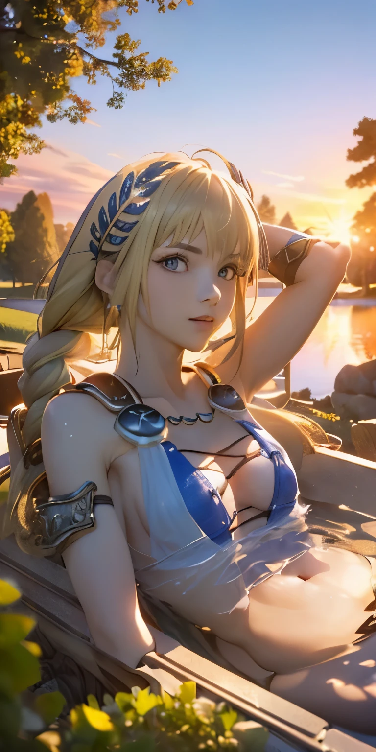 (masterpiece, best quality:1.3), Sophitia Alexandra, Soul Calibur, (face focus:1.5), anime, 28 years old, look at viewer, gold hair, braid hair, (there is a beautiful sunset with a lake and trees in the background, colorful skies, surreal colors, colorful sunset, colorful sky, marvellous reflection of the sky:1.2), (she is bathing:1.5),