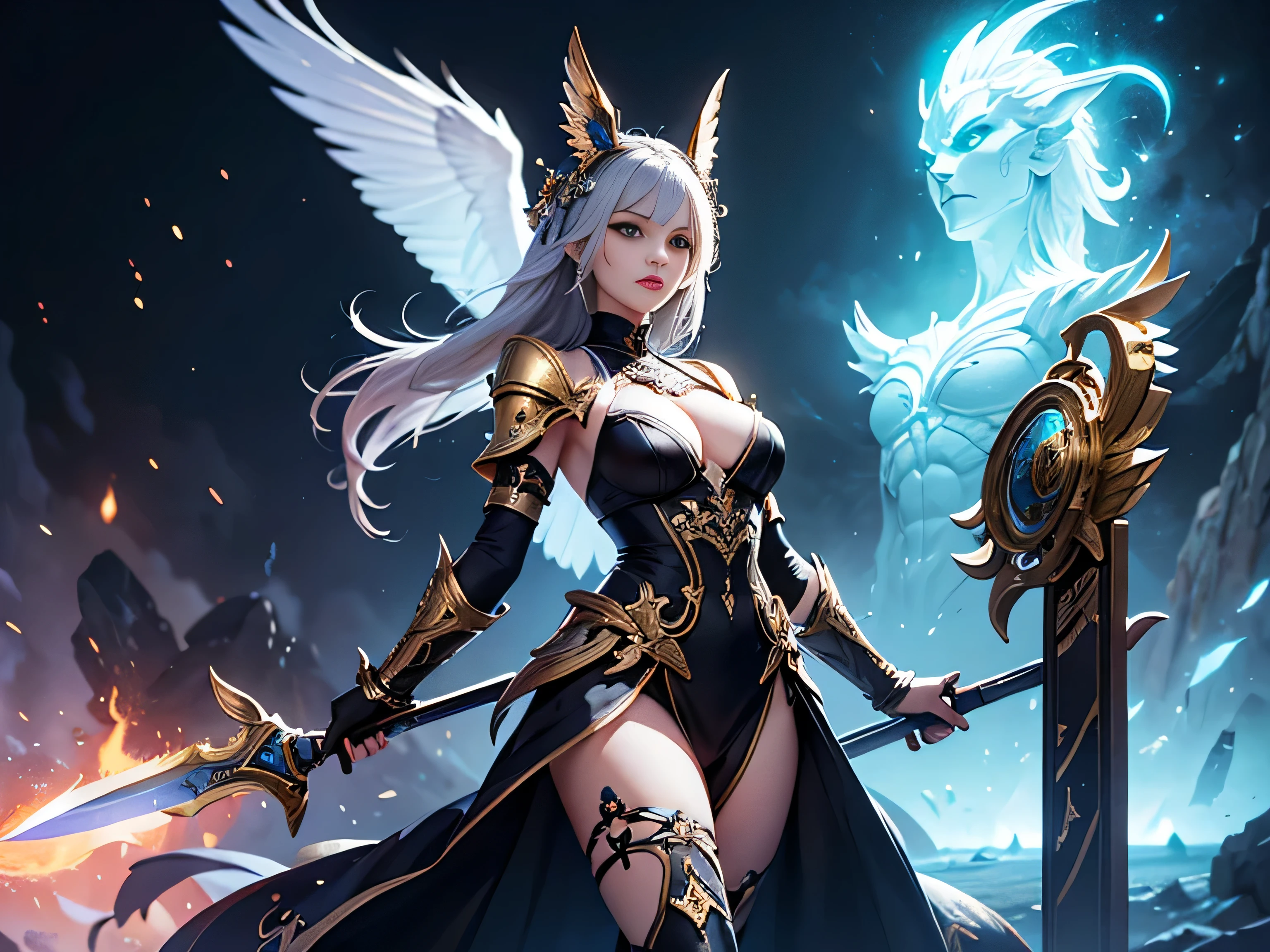 there is a woman in a black dress holding a silver object, blade and soul, 8 k character details, as a mystical valkyrie, lineage 2 revolution style, aion, inspired by Pu Hua, extremely detailed goddess shot, mechanized valkyrie girl, from ncsoft, mystical anubis valkyrie, wearing golden cat armor, <mmorpgs scene