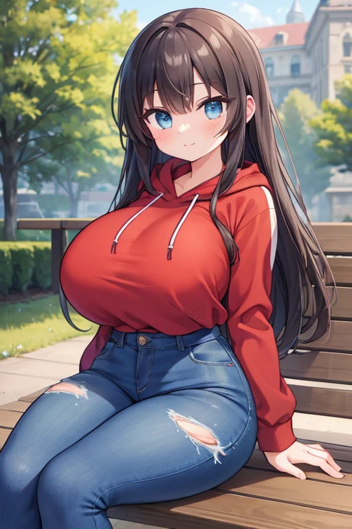 ((best quality)), ((masterpiece)), (detailed), (Solo), perfect face, perfect bone-structure, perfect musculature, perfect hands,
A Cute Girl, Long Dark-Brunette hair, Beautiful Blue eyes, very wide hips, massive thighs, Extremely Enormously Breasted, and is very short. Wearing an old very Tight Red Hoodie, mildly torn tightening Dark-Blue Jeans, and Red Sneakers. Sitting on a Wooden-Bench, in a City Park. With a cute tiny smile. (Massively Oversized, Extremely Over-Exaggerated, Incredibly Enormously Ginormous Boobs),