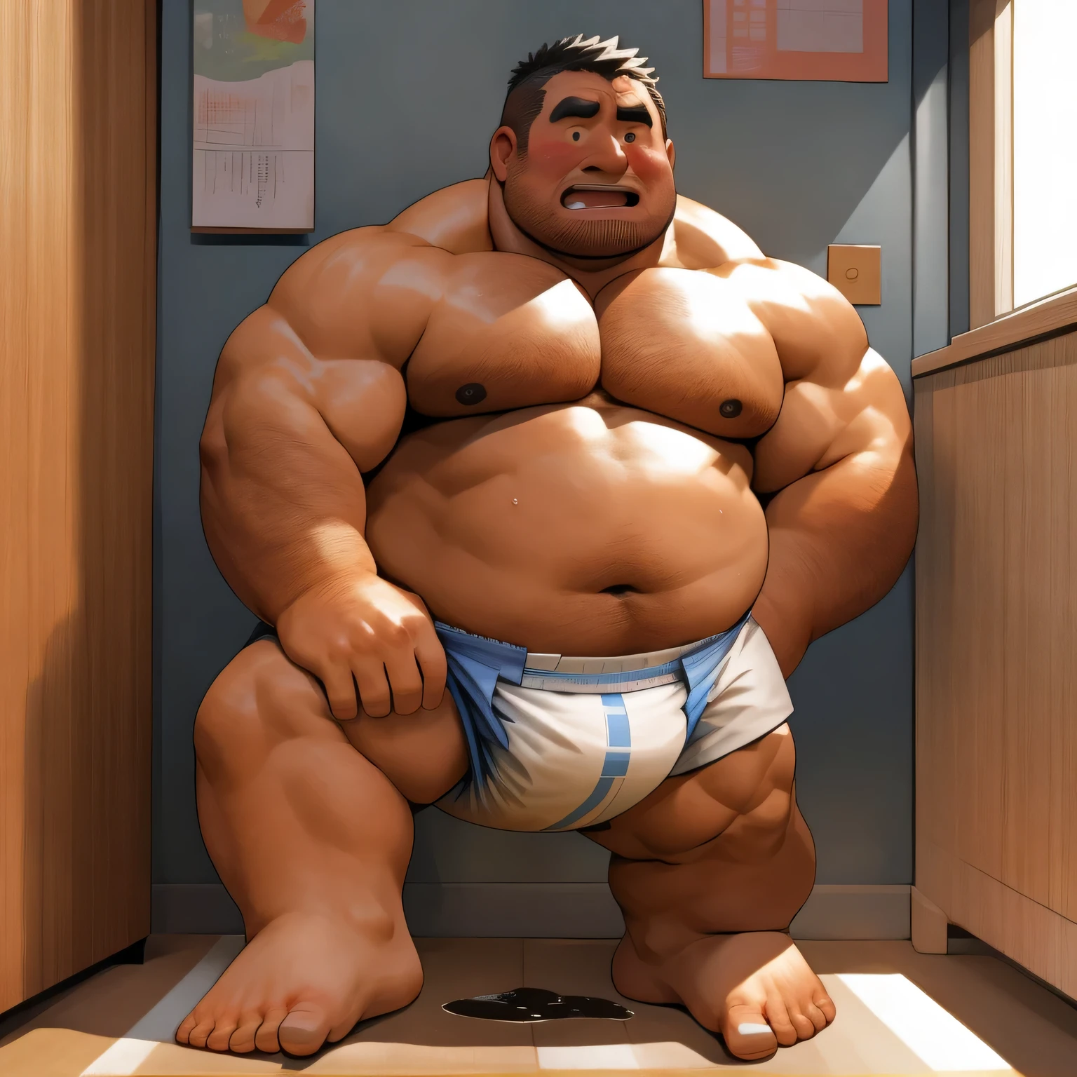 masterpiece, Top quality, in 32K, perfect anatomy, hyper detailed, super fine illustration, The thick man is a brutal prisoner, retarded, hairy, human, 50yo in japan, (fatness: 1.0), Fatty muscle, Bowleg, disappointment, incontinent, be diaper check by children, There is a small puddle under him, Naked, short legs, Bowleg, spread legs, wear a White cloth Diaper, Bare belly, Bare legs, Bare foots, Bare soles, Shirtless, wide forehead and short thinning hair, Man with round  face with stubble, Bare foots, Bare soles, shy, sissy, Weaker than children, Drool, Round face, He enters  and is despised by children, He is made to stand attention in the corner of the playroom, corner time, He surrounded by children, Bare foots, big butt, White Diaper, sobbing, There is a small puddle under him