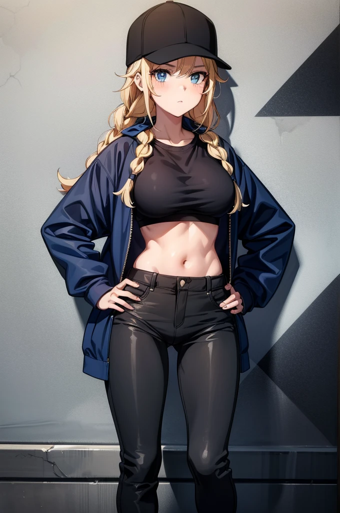 (((grayscale)))(masterpiece:1.2, best quality), (graffiti wall:1.15), 1lady, beanie, jacket, Leggings, blue eyes, fullbody,a lady with a blue cap and black bra and jean pants, 1girl, solo, twin braids, braid, hat, blonde hair, blue eyes, jacket, blue jacket, long hair, high-waist pants, pants, hand on hip, black pants, red shirt, breasts, shirt tucked in, shirt, looking at viewer, black headwear, baseball cap, open jacket, hand on headwear, blush, long sleeves, open clothes