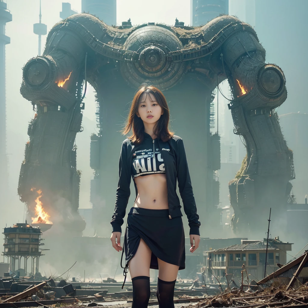 (highest quality、4k、8K、High resolution、masterpiece: 1.2)、Super detailed、(genuine、photogenuineistic、photogenuineistic: 1.37)、Destruction of a Great City、(A woman with telekinesis stands in front of a mech controlled by the invaders:1.37) 、(Women are young and beautiful、18-year-old、unparalleled beauty:1.5)、Insert a mental barrier to resist robot attacks、Vibrant cityscape、bright colors、Shining skyscrapers、Busy Street、Futuristic architecture and technology、Advanced Holographic Displays、Neon light splashes 、dramatic lighting、intense shadow、The awe-inspiring power that women exude、determination in his eyes、Elegant flowing gown、Dynamic action in the wind、Stretch out your arms and lunge towards the robot.、Powerful energy is emitted from the hands.、blue shining aura、sparks of electricity、electricity crackling in the air、A whirlpool of energy surrounding women、A fascinating and surgenuine atmosphere、A sense of danger and impending doom、Background chaos and destruction、Crumbling Building、Flying Debris、Smoke and flames、 The contrast between beauty and destruction、The battle between technology and the extraordinary power of young women。 cr1r3