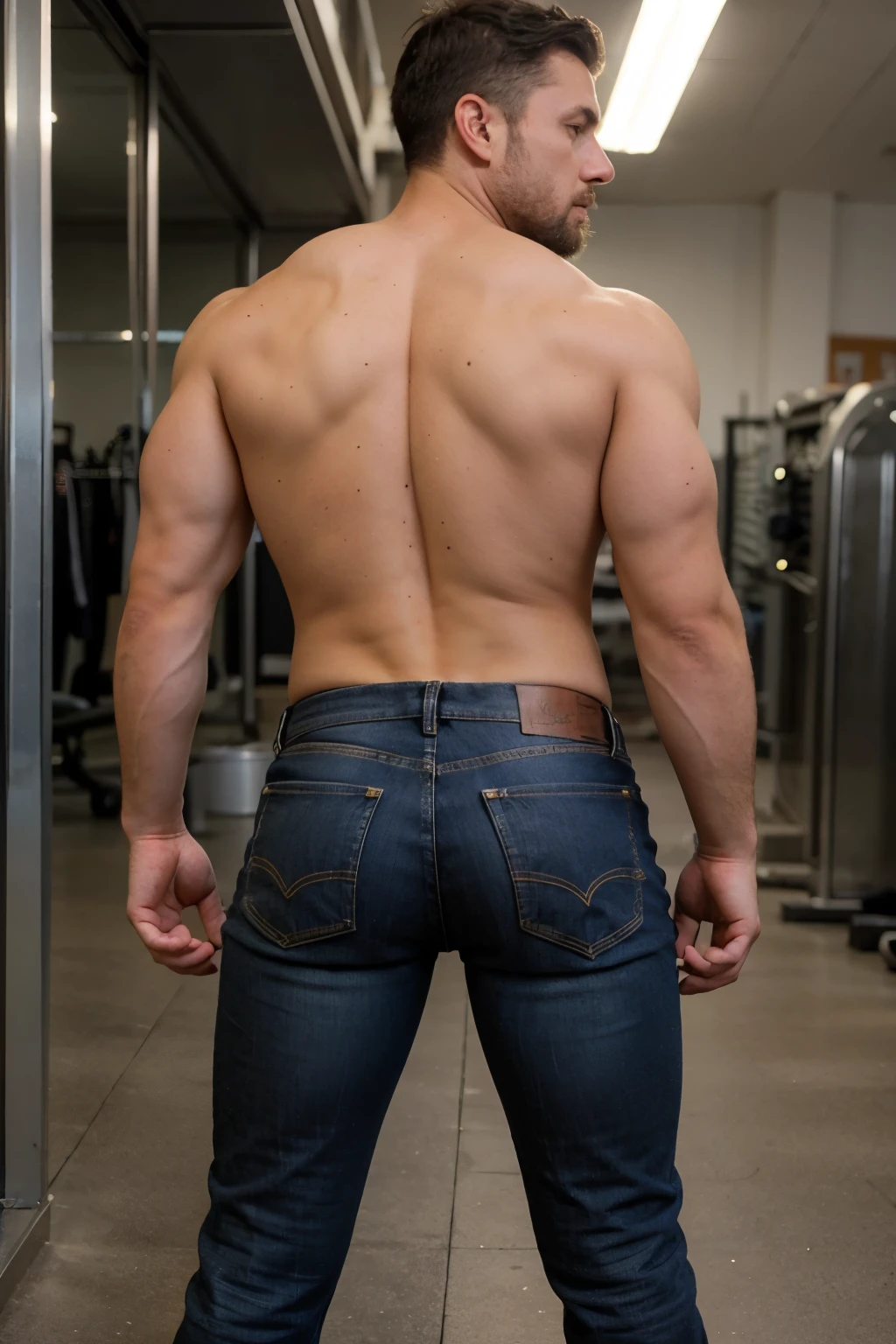 muscular manly man,beard, 35 years old, full length, naked navy jeans, backside, muscular ass