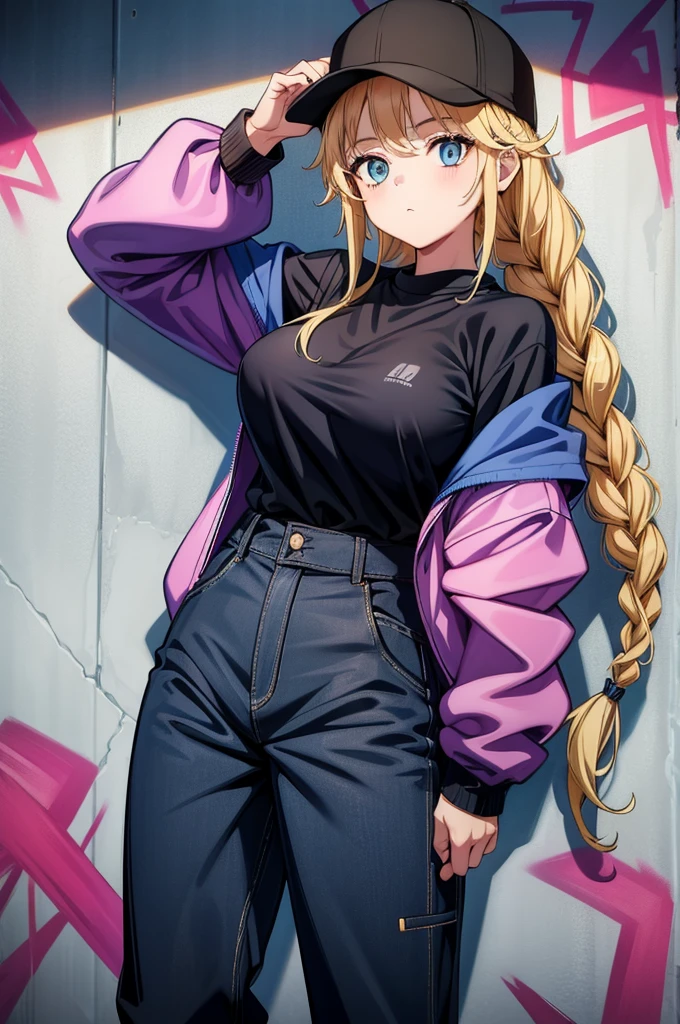 girls with hip hop hats and jackets pose in front of graffiti sprayed walls, 1girl, blue eyes, hat, solo, twin braids, braid, black shirt, blonde hair, breasts, pants, high-waist pants, shirt, jacket, shirt tucked in, looking at viewer, baseball cap, open jacket, large breasts