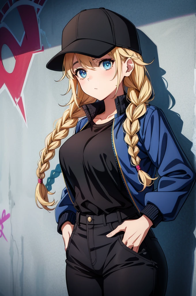 girls with hip hop hats and jackets pose in front of graffiti sprayed walls, 1girl, blue eyes, hat, solo, twin braids, braid, black shirt, blonde hair, breasts, pants, high-waist pants, shirt, jacket, shirt tucked in, looking at viewer, baseball cap, open jacket, large breasts