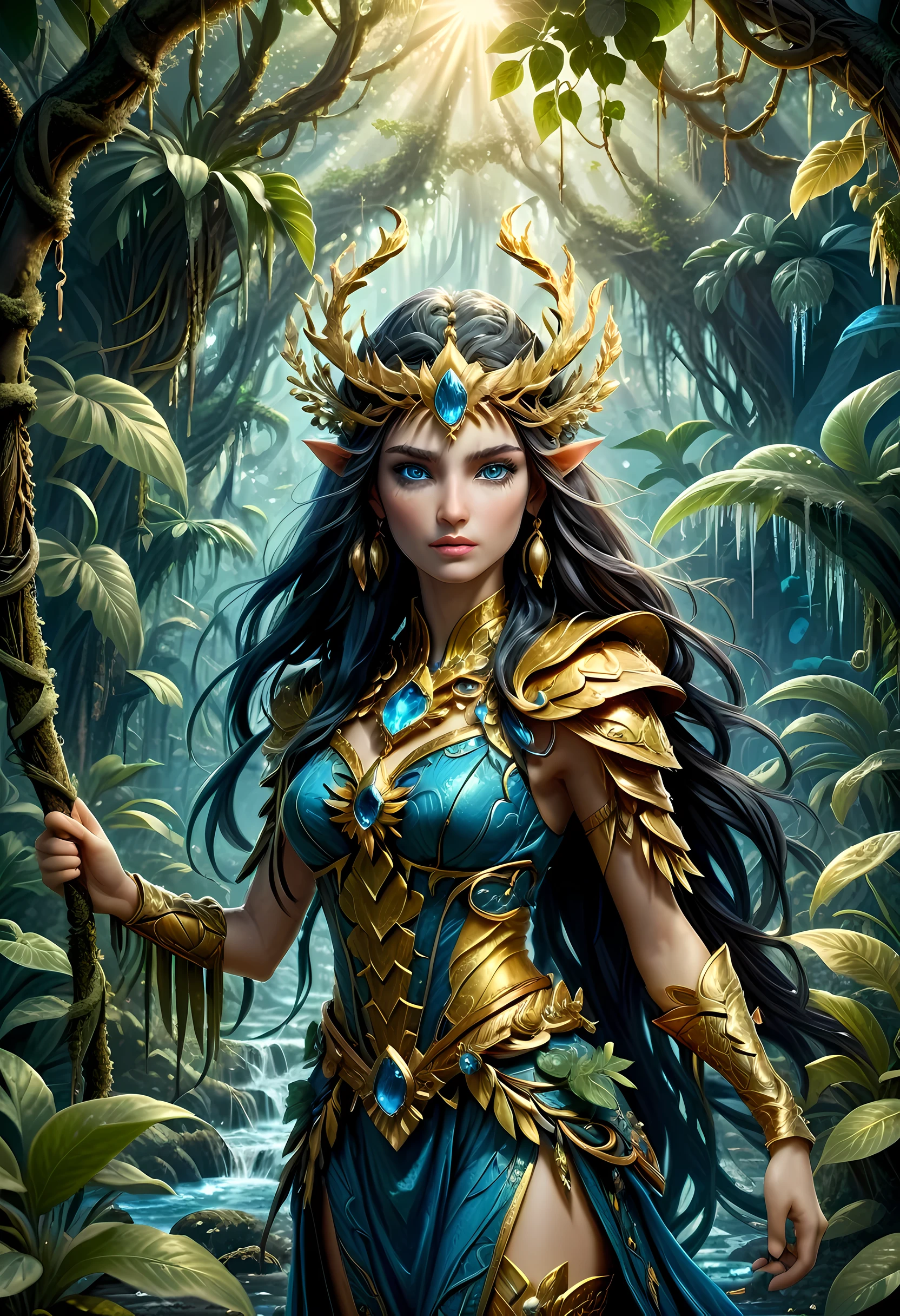 high details, best quality, 16k, [ultra detailed], masterpiece, best quality, (extremely detailed), dynamic angle, ultra wide shot, RAW, photorealistic, fantasy art, realistic art, a female druid (intricate details, Masterpiece, best quality: 1.5) in a jungle, a female wearing gold leaf clothes intricate details, Masterpiece, best quality: 1.4), leather boots, thick hair, long hair, black hair, intense (blue: 1.3) eyes, vibrant jungle (intense details), plenty of plant life, vines coming from trees, many jungle trees (1.3 intricate details, Masterpiece, best quality), vines, a river flowing, sun light, golden light. dynamic angle, (intricate details, Masterpiece, best quality: 1.5) , 2.5 rendering, high details, best quality, highres, ultra wide angle, cloud