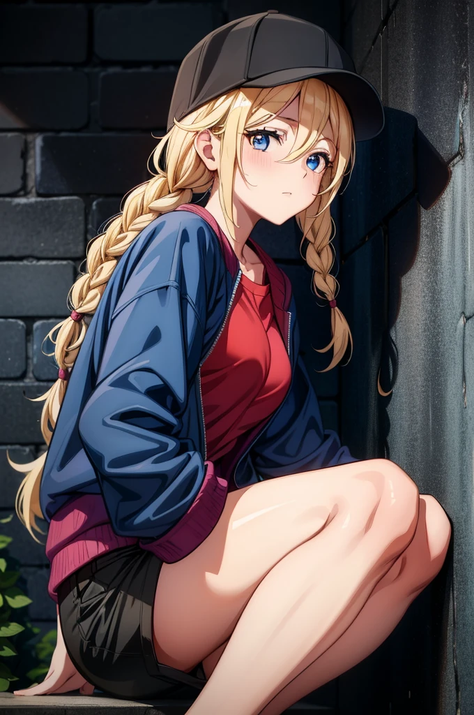 a beautiful looking blonde woman dressed in a blue shirt and cap sitting on a wall, 1girl, solo, hat, blonde hair, twin braids, shirt, blue eyes, braid, red shirt, pants, shirt tucked in, long hair, looking at viewer, breasts, black headwear, black pants, jacket, baseball cap, blue jacket, blush, open clothes