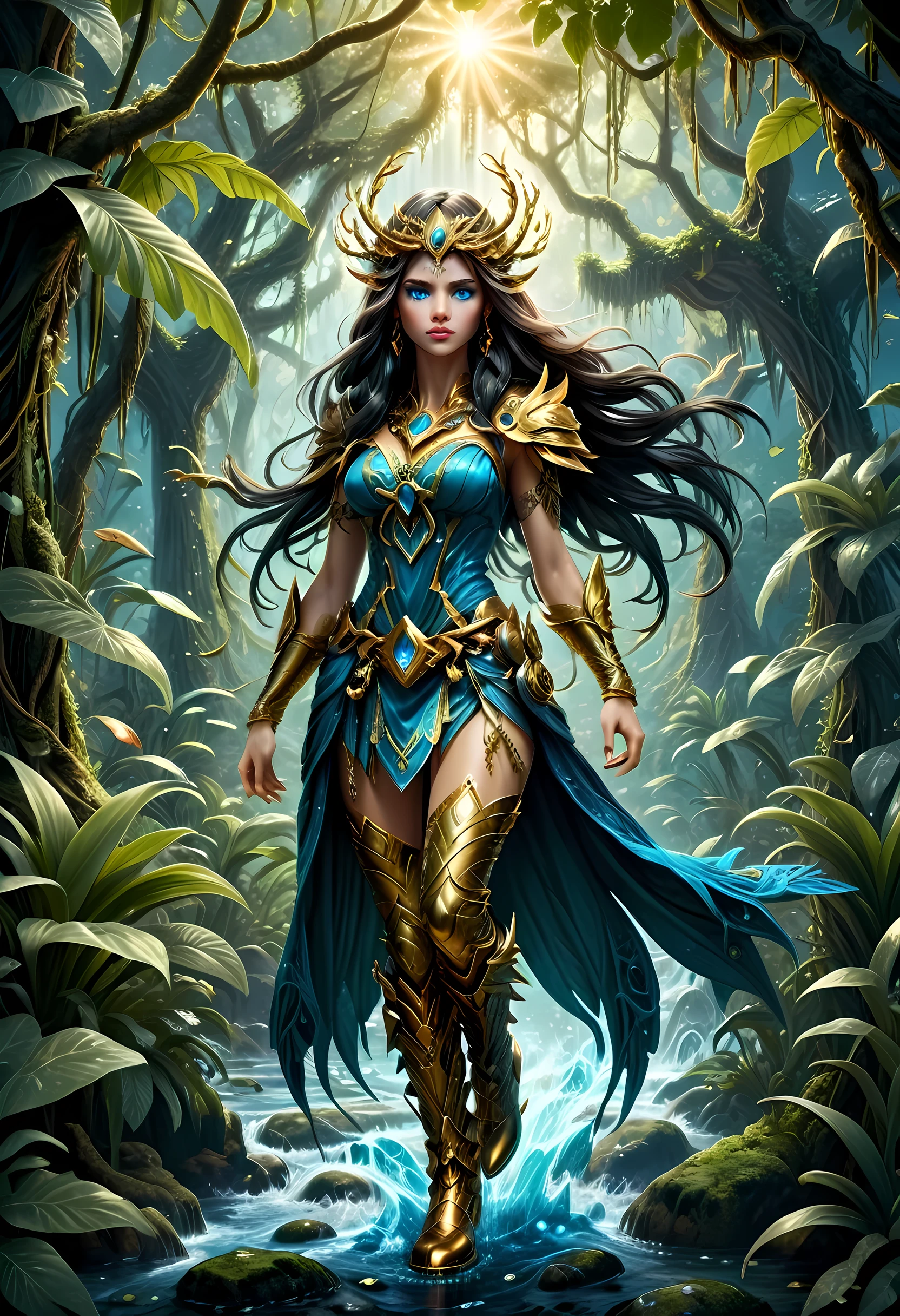 high details, best quality, 16k, [ultra detailed], masterpiece, best quality, (extremely detailed), dynamic angle, ultra wide shot, RAW, photorealistic, fantasy art, realistic art, a female druid (intricate details, Masterpiece, best quality: 1.5) in a jungle, a female wearing gold leaf clothes intricate details, Masterpiece, best quality: 1.4), leather boots, thick hair, long hair, black hair, intense (blue: 1.3) eyes, vibrant jungle (intense details), plenty of plant life, vines coming from trees, many jungle trees (1.3 intricate details, Masterpiece, best quality), vines, a river flowing, sun light, golden light. dynamic angle, (intricate details, Masterpiece, best quality: 1.5) , 2.5 rendering, high details, best quality, highres, ultra wide angle, cloud