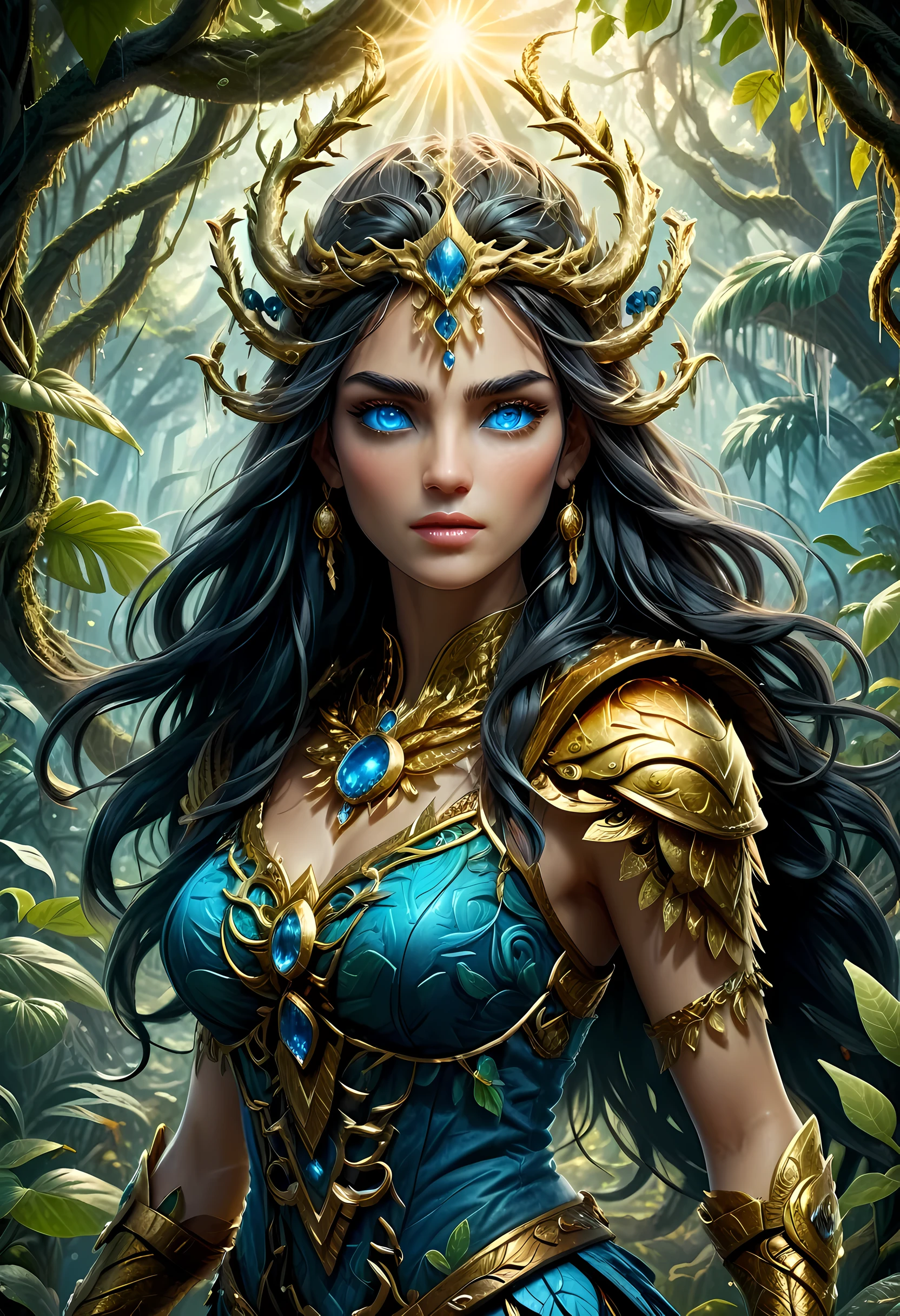 high details, best quality, 16k, [ultra detailed], masterpiece, best quality, (extremely detailed), dynamic angle, ultra wide shot, RAW, photorealistic, fantasy art, realistic art, a female druid (intricate details, Masterpiece, best quality: 1.5) in a jungle, a female wearing gold leaf clothes intricate details, Masterpiece, best quality: 1.4), leather boots, thick hair, long hair, black hair, intense (blue: 1.3) eyes, vibrant jungle (intense details), plenty of plant life, vines coming from trees, many jungle trees (1.3 intricate details, Masterpiece, best quality), vines, a river flowing, sun light, golden light. dynamic angle, (intricate details, Masterpiece, best quality: 1.5) , 2.5 rendering, high details, best quality, highres, ultra wide angle, cloud