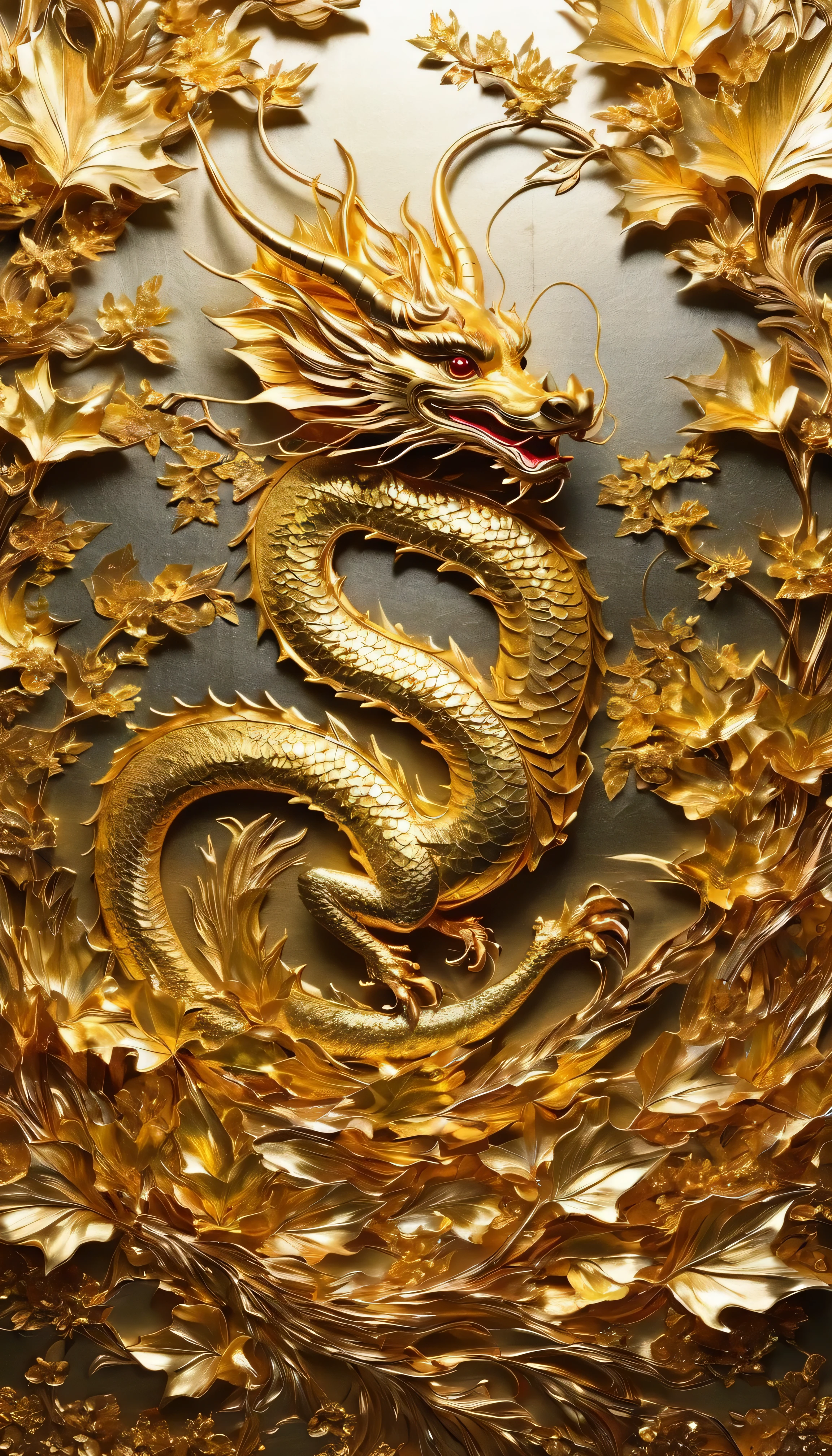 Printing (gold leaf), Japanese decoration, vintage decoration, golden leaf wall decoration   : Spryo the Dragon in gold leaf, the light shimmers on the gold leaf cut, The colors are bright and vibrant, The overall picture quality is of the highest quality, with every detail of gold leaf captured with ultra-detailed precision,  The lighting is soft and diffuse, projecting a warm and welcoming glow across the stage. Reflects the beauty and magic of gold leaf art.. High quality, HDR, 16k, Ultra-detailed.
