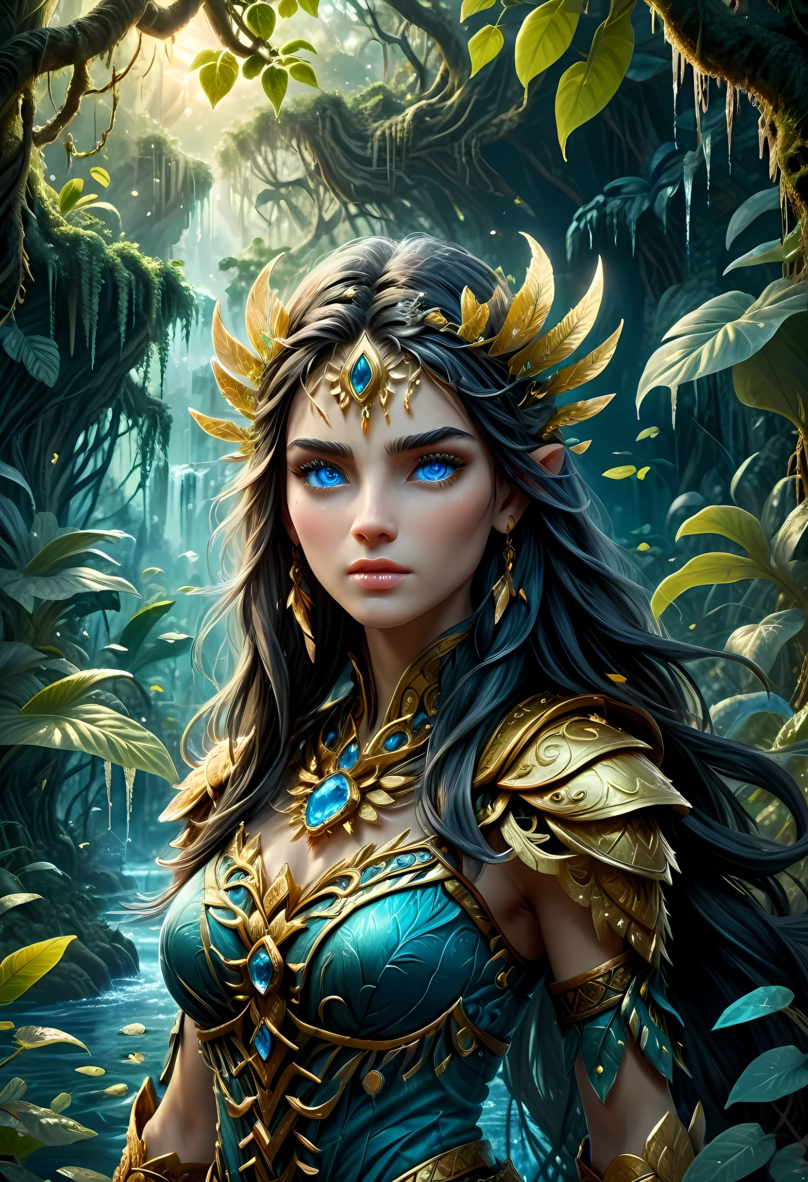 high details, best quality, 16k, [ultra detailed], masterpiece, best quality, (extremely detailed), dynamic angle, ultra wide shot, RAW, photorealistic, fantasy art, realistic art, a female druid (intricate details, Masterpiece, best quality: 1.5) in a jungle, a female wearing gold leaf clothes intricate details, Masterpiece, best quality: 1.4), leather boots, thick hair, long hair, black hair, intense (blue: 1.3) eyes, vibrant jungle (intense details), plenty of plant life, vines coming from trees, many jungle trees (1.3 intricate details, Masterpiece, best quality), vines, a river flowing, sun light, golden light. dynamic angle, (intricate details, Masterpiece, best quality: 1.5) , 2.5 rendering, high details, best quality, highres, ultra wide angle, cloud