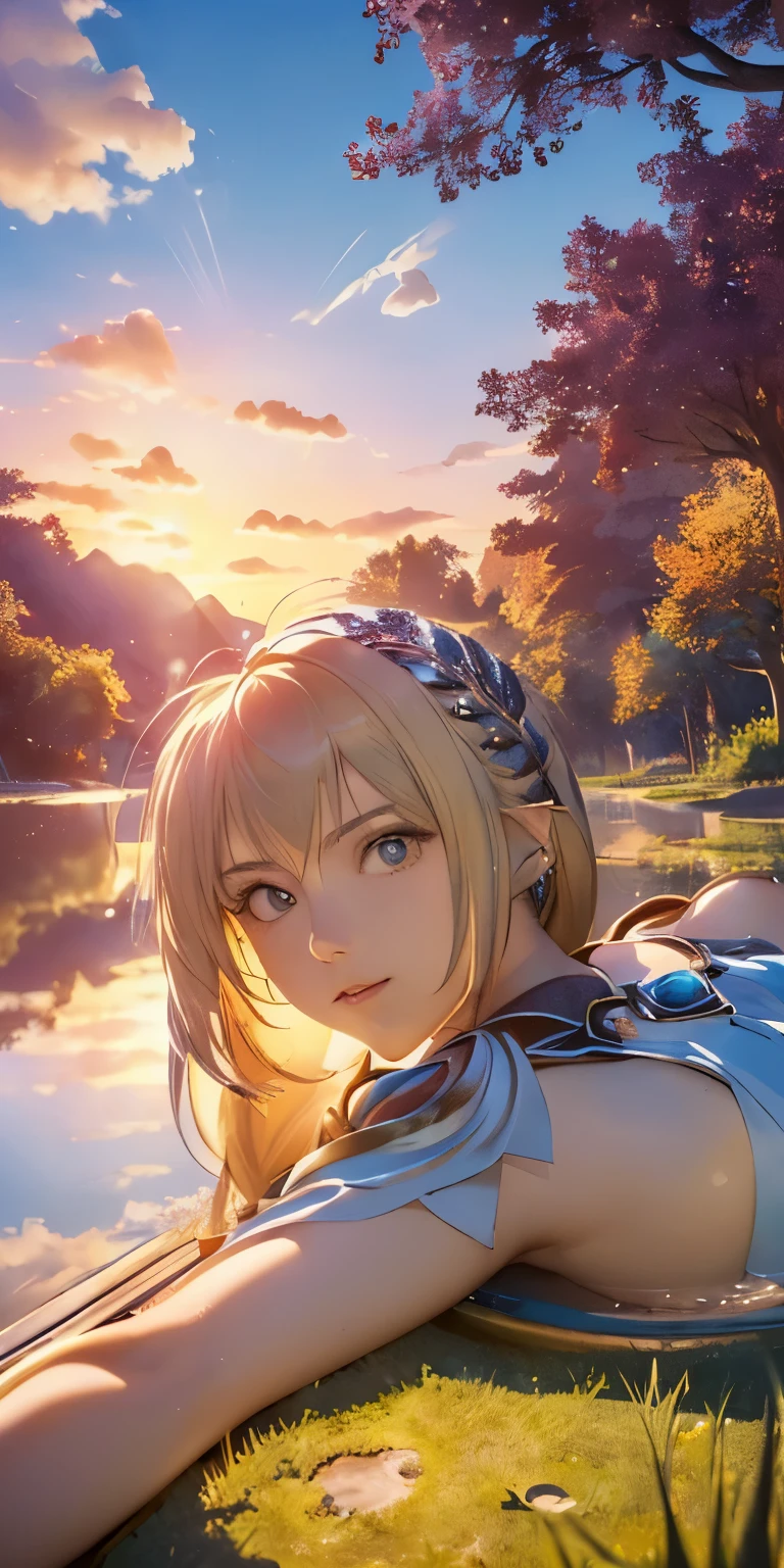 (masterpiece, best quality:1.3), Sophitia Alexandra, Soul Calibur, (face focus:1.5), anime, 28 years old, look at viewer, gold hair, braid hair, (there is a beautiful sunset with a lake and trees in the background, colorful skies, surreal colors, colorful sunset, colorful sky, marvellous reflection of the sky:1.2), (she is bathing:1.5),