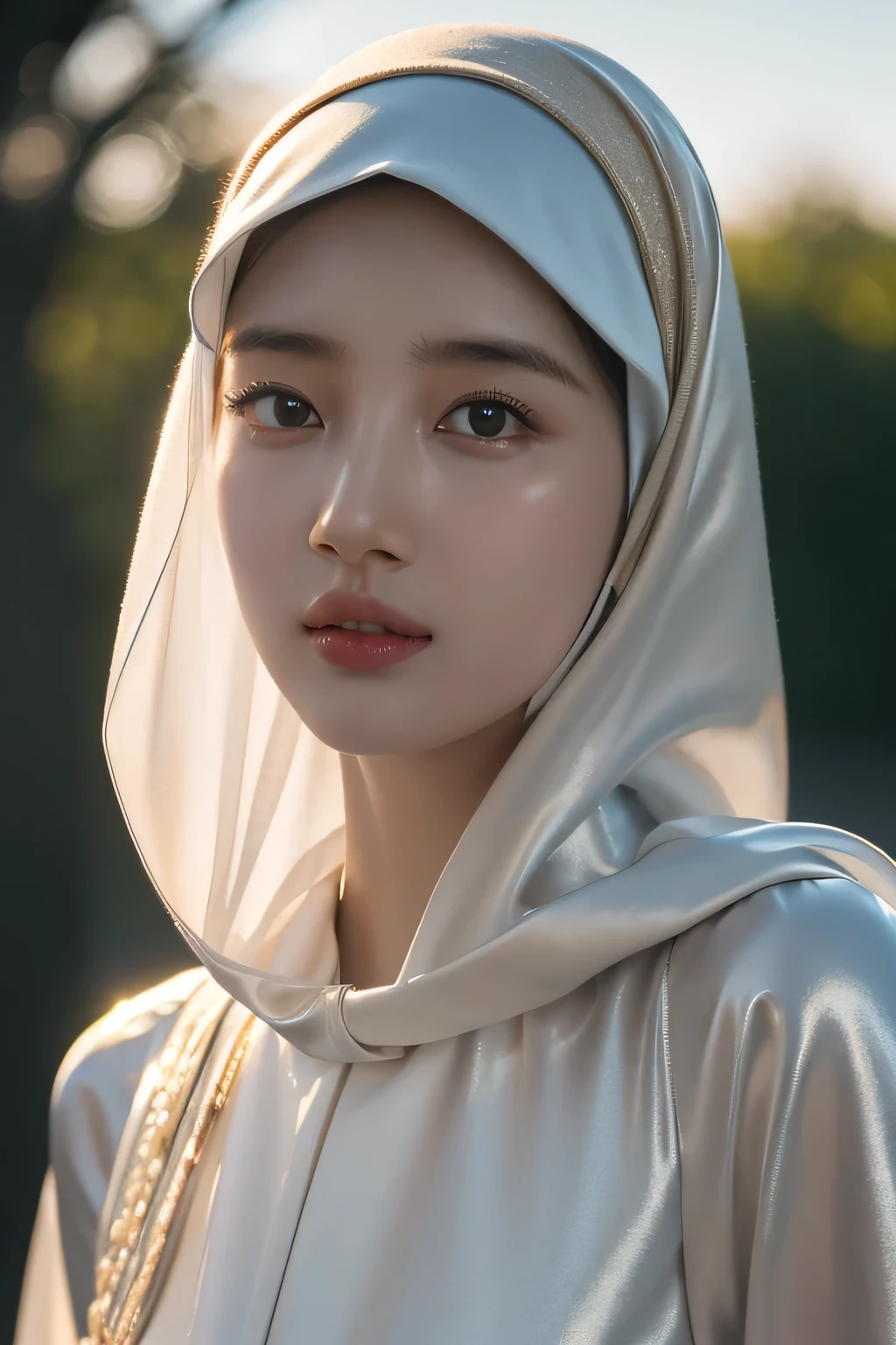 8k, masterpiece, RAW photo, best quality, photorealistic, extremely detailed CG unity 8k wallpaper, Depth of field, Cinematic Light, Lens Flare, Ray tracing, (extremely beautiful face, beautiful lips, beautiful eyes), intricate detail face, ((ultra detailed skin)), best quality, Masterpieces, Super high resolution, (photograph realistic:1.5), Original image, luxury long dress, 1girl muslim, satin abaya, satin, hijab face portrait, neutral background, 8k uhd, dslr, soft lighting, high quality, film grain, Fujifilm XT3, covered dress, decent dress, cheerful facial expression.