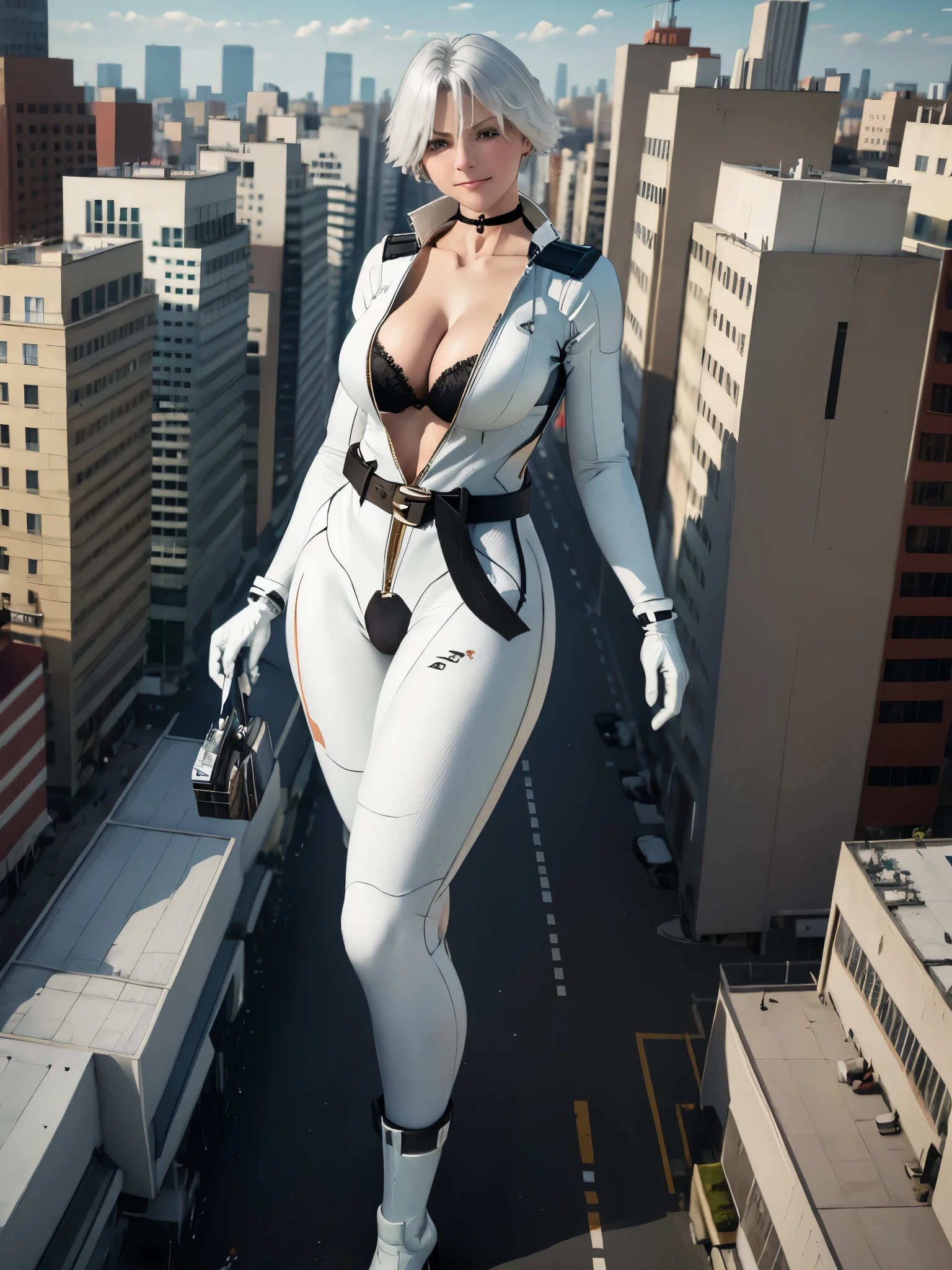 masterpiece, best quality, giantess, giant girl, doachristie, choker, white bodysuit, cleavage, belt, white gloves, black boots, (huge breasts:0.8) , looking at viewer, smile, frown, day sky, cityscape, walking in city