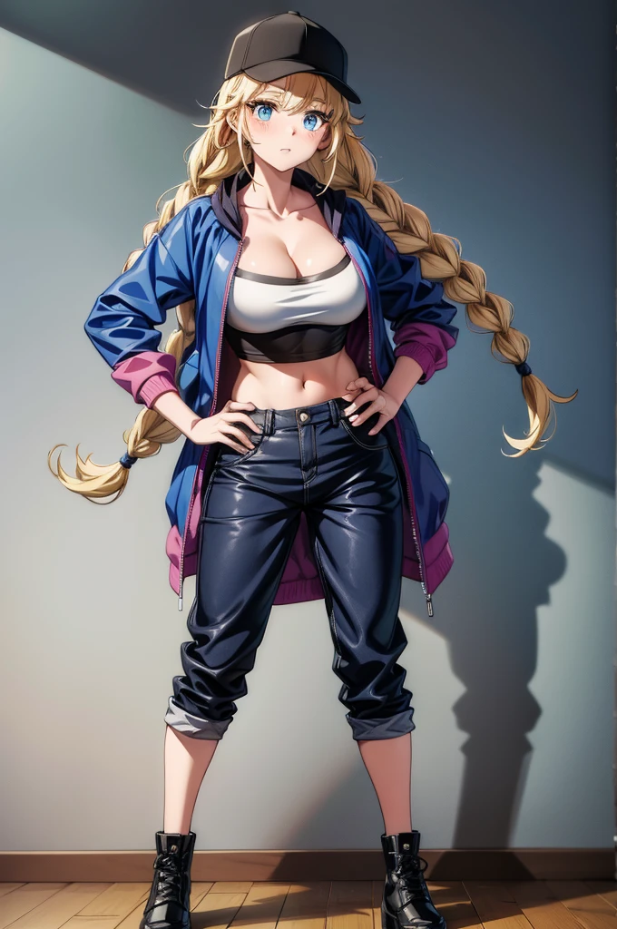 a female anime character standing in a pose in a dark room next to large white wall, 1girl, solo, blue eyes, breasts, hat, twin braids, pants, braid, blonde hair, hands on hips, jacket, looking at viewer, full body, cleavage, black headwear, shoes, black footwear, long hair, open clothes, open jacket, collarbone, blue jacket, crop top, baseball cap, blush