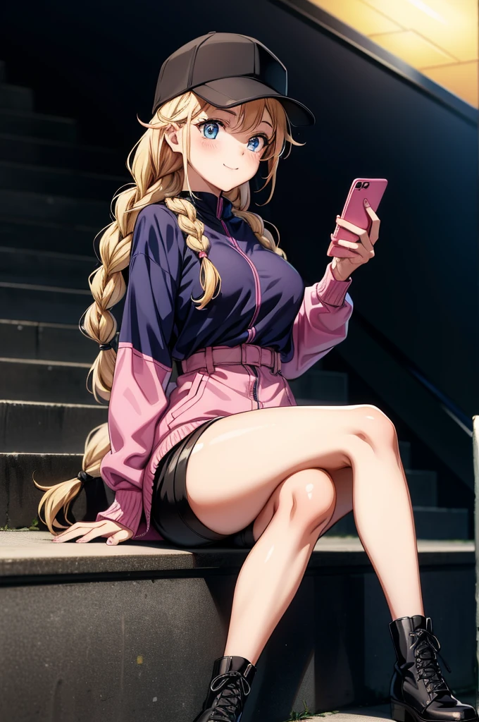 a cartoon woman wearing a pink hat sitting on top of some stairs holding a cell phone, 1girl, hat, pantyhose, blonde hair, solo, breasts, blue eyes, shorts, shirt, sitting, twin braids, braid, boots, black headwear, jacket, large breasts, thighband pantyhose, crossed legs, white shirt, looking at viewer, holding, long hair, smile, phone, baseball cap, black footwear, blush, long sleeves, holding phone