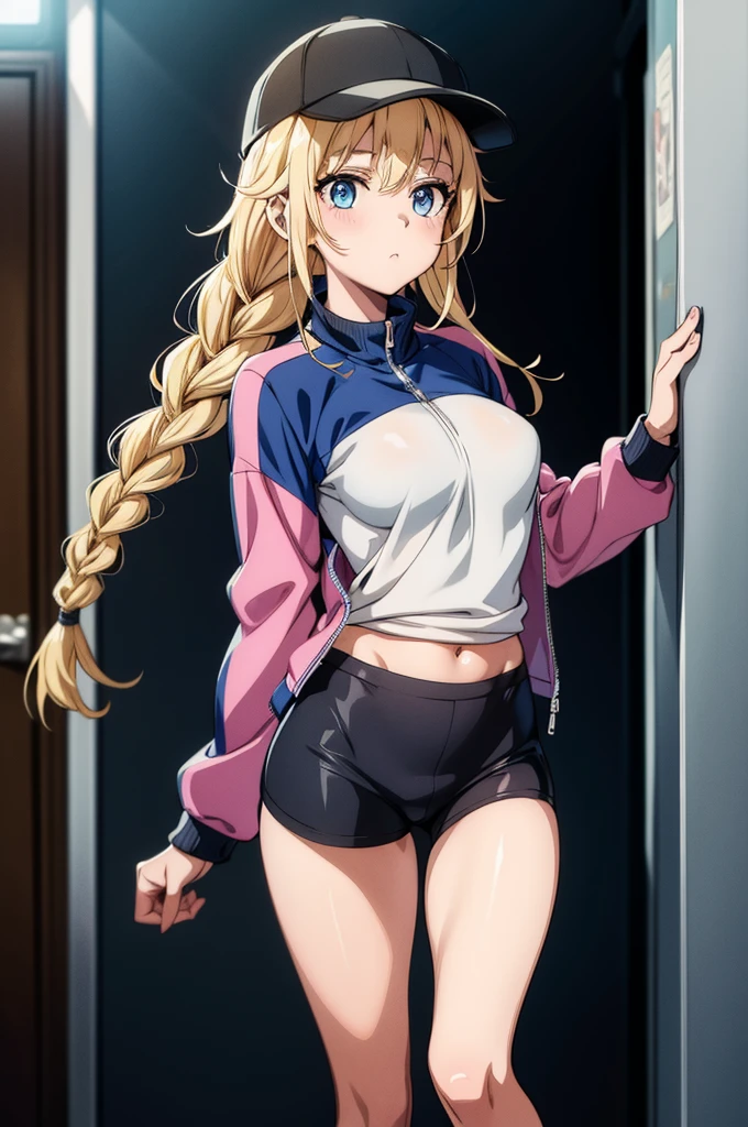 (((grayscale)))(masterpiece:1.2, best quality), (graffiti wall:1.15), 1lady, beanie, jacket, Leggings, blue eyes, fullbody,(Masterpiece:1.2), best quality, (cinematic light, ), solo female, perfect body, (1girl), (best illumination, extremely delicate and beautiful), cinematic light, medium breasts,realistic, photorealistic, masterpiece, best quality, ultra-detailed, illustration, detailed light, ,track jacket, zipping, jacket tug, medium breasts, sakurajima_mai, blue eyes, full torso shot, blushing, school gym, locker room,more_details:-1, more_details:0, more_details:0.5, more_details:1, more_details:1.5,Eiko Tsukimi, blue eyes, braid, twin braid, (((blonde hair))), long hair,baseball cap