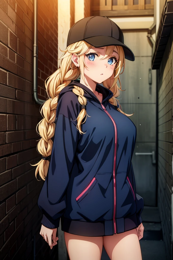 a y girl in a ball cap standing in a darkened alleyway, 1girl, solo, blue eyes, blonde hair, hat, black headwear, braid, baseball cap, jacket, long hair, looking at viewer, twin braids, breong sleeves, blush