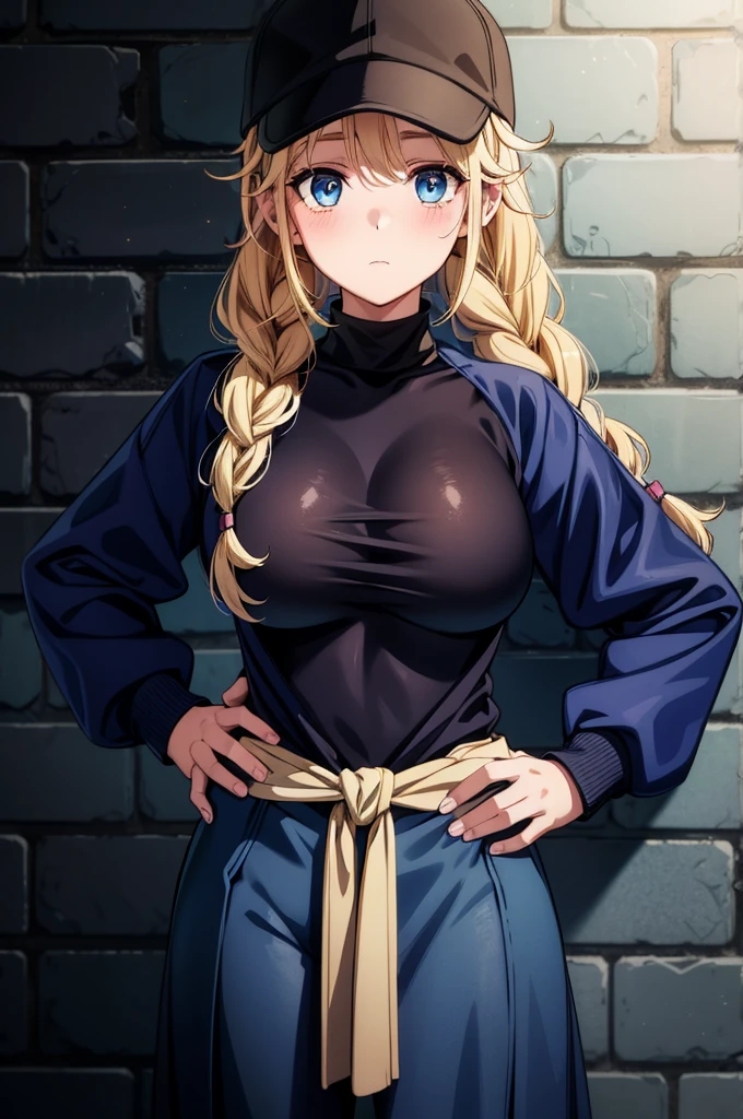 a blonde girl in long sweater standing against a wall and with gloved hands on hips, 1girl, solo, blue eyes, hat, blonde hair, jacket, breasts, baseball cap, large breasts, braid, black headwear, twin braids, looking at viewer, blue jacket, blush, long sleeves, closed mouth, zipper, open clothes, open jacket