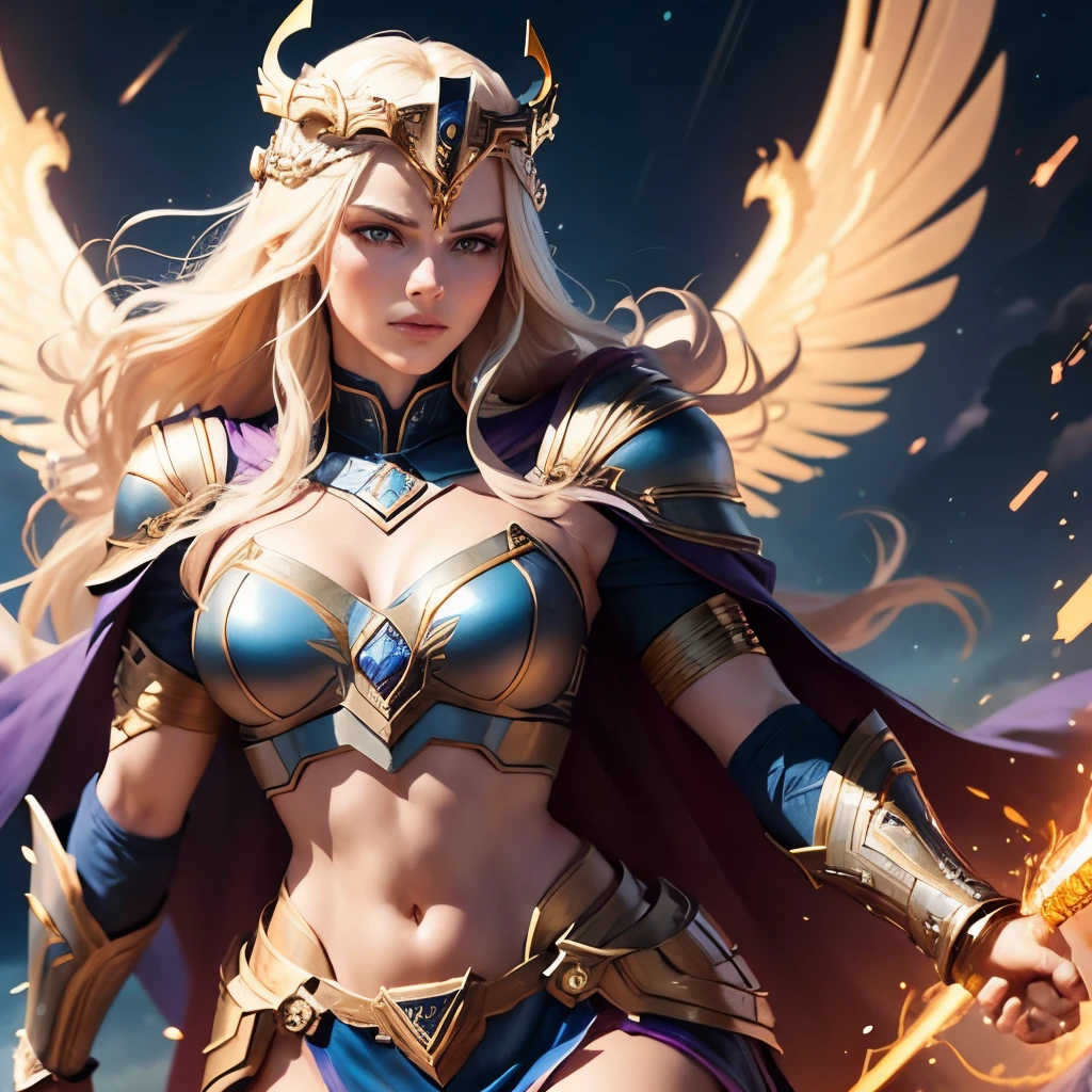 digital illustration of Thundra, the Asgardian hero, standing confidently in her deep blue/purple armor with gold trim inspired by Jack Kirby's designs. blonde hair. Capture the essence of her power as she commands thunder and lightning, with her cape resembling a star field. Include the (((Norse helm)) with ((gold wings))) and showcase her right hand covered in a heavy armored glove. cosmic background. deep v neck. midriff. stern expression, , (best quality), (masterpiece), realistic, sharp, 8k,