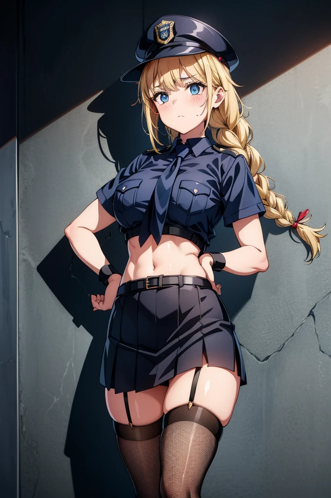 the woman in police outfit stands with gun in hand while in front of a wall poster, 1girl, breasts, skirt, police uniform, police, solo, navel, blonde hair, thighhighs, blue eyes, midriff, necktie, shirt, large breasts, skindentation, hat, crop top, garter straps, policewoman, long hair, short sleeves, uniform, looking at viewer, braid, black skirt, belt, frown, miniskirt, police hat, cuffs, collared shirt, blue shirt, fishnets, closed mouth, handcuffs, stomach, blush, hand on own chest