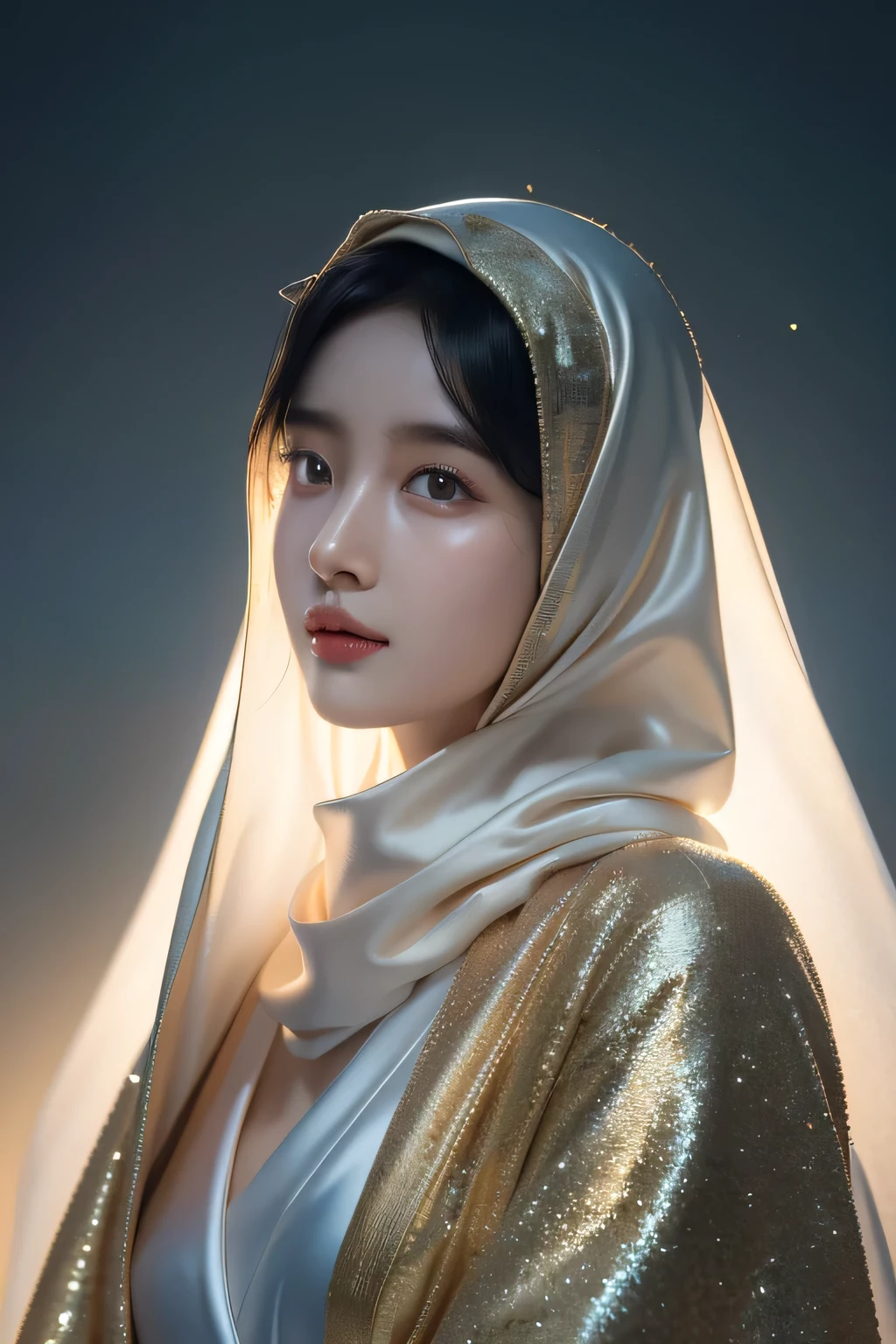 8k, masterpiece, RAW photo, best quality, photorealistic, extremely detailed CG unity 8k wallpaper, Depth of field, Cinematic Light, Lens Flare, Ray tracing, (extremely beautiful face, beautiful lips, beautiful eyes), intricate detail face, ((ultra detailed skin)), best quality, Masterpieces, Super high resolution, (photograph realistic:1.5), Original image, abaya satin, 1girl muslim, satin abaya, satin, hijab face portrait, neutral background, 8k uhd, dslr, soft lighting, high quality, film grain, Fujifilm XT3, covered dress, decent dress, cheerful facial expression.