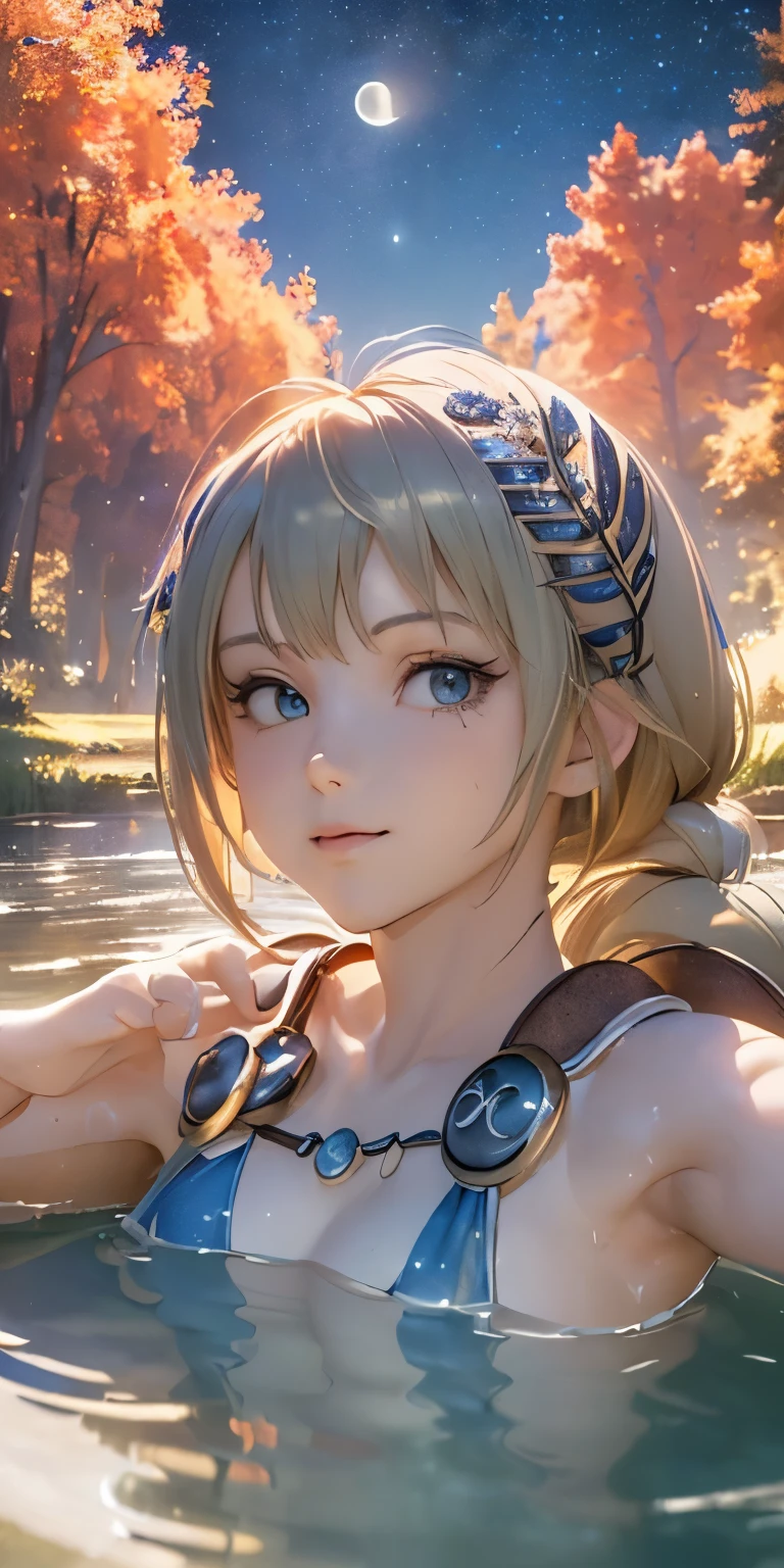 (masterpiece, best quality:1.3), Sophitia Alexandra, Soul Calibur, (face focus:1.5), anime, 28 years old, look at viewer, gold hair, braid hair, (there is a beautiful night with a lake and trees in the background, colorful skies, surreal colors, colorful moon and stars, colorful sky, marvellous reflection of the sky:1.2), (she is bathing:1.5),