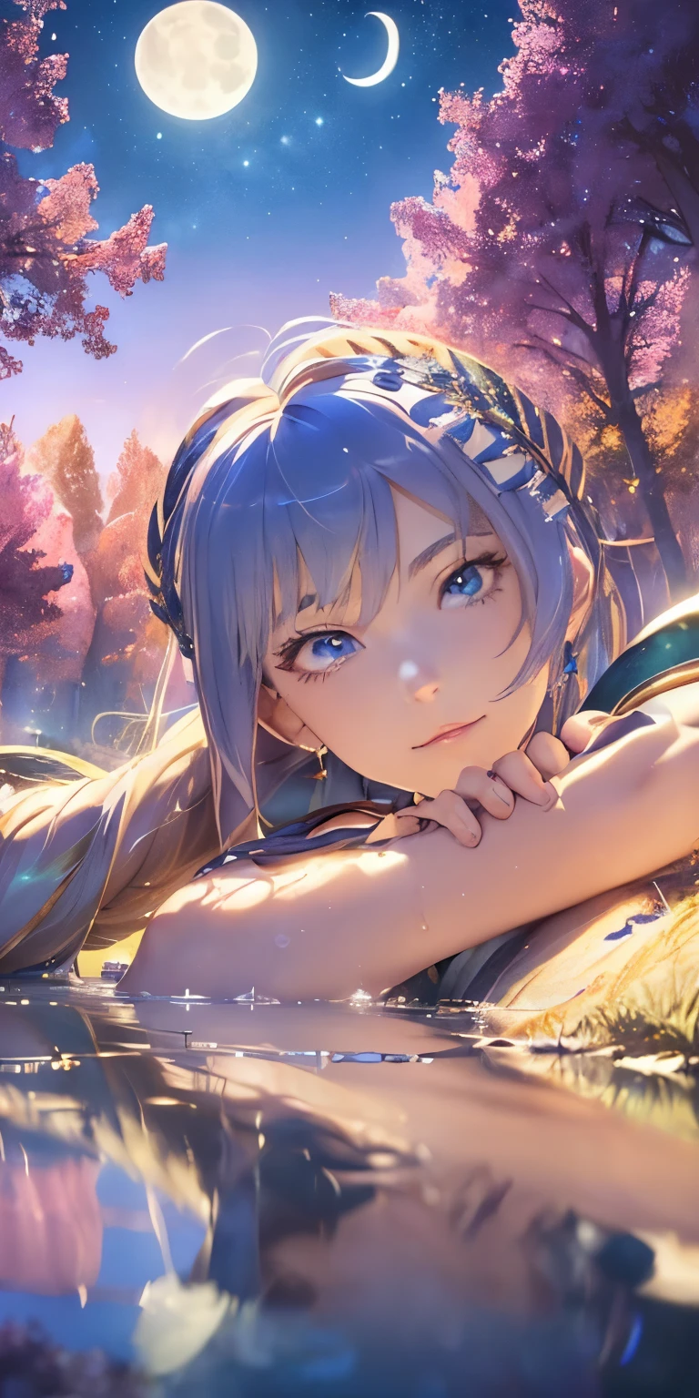 (masterpiece, best quality:1.3), Sophitia Alexandra, Soul Calibur, (face focus:1.5), anime, 28 years old, look at viewer, gold hair, braid hair, (there is a beautiful night with a lake and trees in the background, colorful skies, surreal colors, colorful moon and stars, colorful sky, marvellous reflection of the sky:1.2), (she is bathing:1.5),