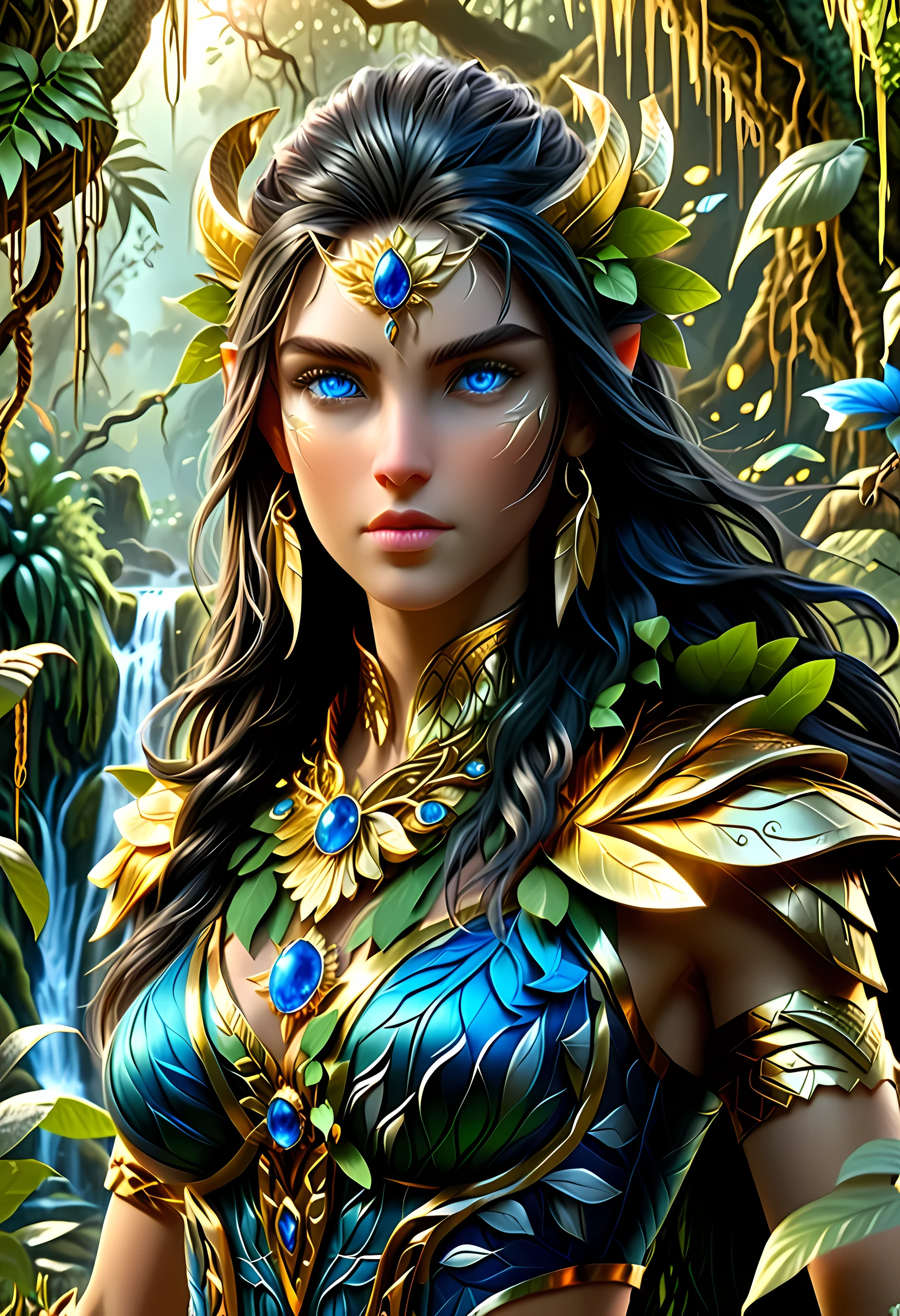 high details, best quality, 16k, [ultra detailed], masterpiece, best quality, (extremely detailed), dynamic angle, ultra wide shot, RAW, photorealistic, fantasy art, realistic art, a female druid (intricate details, Masterpiece, best quality: 1.5) in a jungle, a female wearing (gold leaf: 1.1) clothes intricate details, Masterpiece, best quality: 1.4), leather boots, thick hair, long hair, black hair, intense (blue: 1.3) eyes, vibrant jungle (intense details), plenty of plant life, vines coming from trees, many jungle trees (1.3 intricate details, Masterpiece, best quality), vines, a river flowing, sun light, golden light. dynamic angle, (intricate details, Masterpiece, best quality: 1.5) , 2.5 rendering, high details, best quality, highres, ultra wide angle