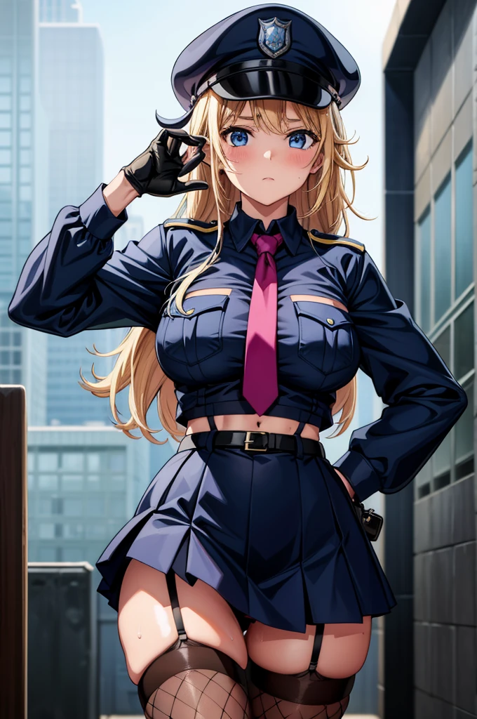 the female police officer wears garter belts and fishnet hose over her stocking tops, 1girl, skirt, blue eyes, necktie, ass visible through thighs, thighhighs, blonde hair, breasts, gloves, hat, black gloves, fishnets, shirt, long sleeves, navel, looking at viewer, garter straps, blue necktie, midriff, black skirt, collared shirt, breast pocket, blue shirt, police, belt, panties, hand on hip, underwear, solo, miniskirt, fishnet thighhighs, crop top, closed mouth, blush, pocket, police uniform, sweat, bangs, peaked cap