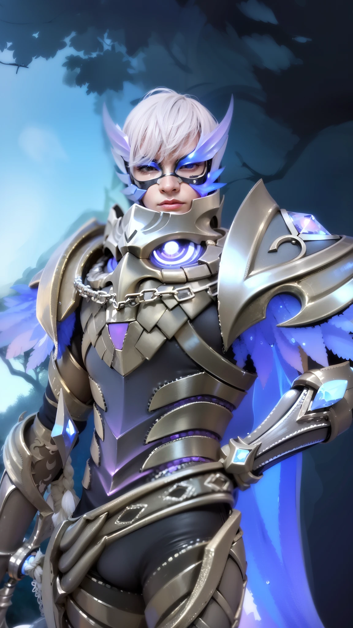 a close up of a boy in a costume with a mask, sliver ice color reflected armor, shinning armor, ice crystal armor, ice lord, grimdark paladin, wearing thunder armor, crystalline skin, wearing diamond armor, clothed in ethereal armor, ice mage, warrior platinum armor, mystical atlantean valkyrie, 8k, ultra hd, ultra detailed texture, hyper realistic, masterpiece, detailed texture, detailed face, detailed skin, detailed lighting, (photorealistic:1.5), best quality, beautiful lighting, cinematic lighting, professional lighting, ultra highres, realistic, detailed hair, real hair, high quality, (realskin:1.5), extremely detailed, finely detail, ultra-detailed