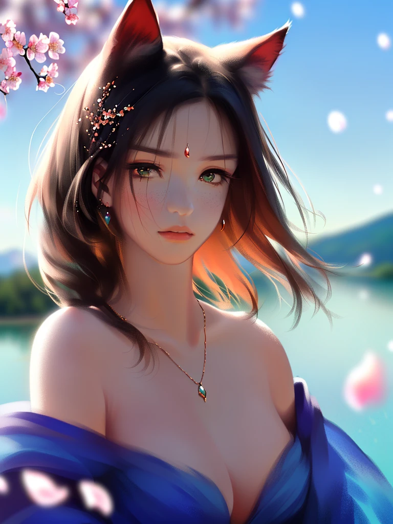 anime style, super fine illustration, highly detailed, dynamic angle, beautiful detailed, 8k, A girl is impressed by the cherry blossoms in Fuji-Hakone Izu National Park and the blue sky by the lakeside with Mt. Cherry blossom petals are dancing in the wind, the surface of the lake is calm, and the girl's expression is sincerely moved by the beauty of nature. very good illustration, High detail, dynamic angle, beautiful detailing,2D, (Best quality, masterpiece, Beauty, tenderness), anime, Highly detailed face, very detailed eyes, very detailed background, perfect lighting, whole body, 1 girl, One, (Very detailed cat ears), (Very detailed ears behind the hair), Finely detailed eyes, ears covered with hair,