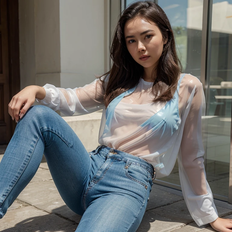 Jessica Henwick dressed in a transparent top and colored jeans