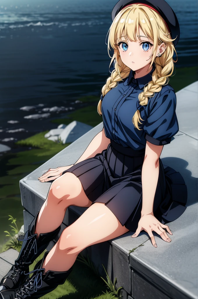 a female anime character in blue dress with braided hair and black boots, sitting on stone curb, 1girl, solo, blonde hair, blue eyes, boots, twin braids, skirt, sitting, braid, looking at viewer, black footwear, hat, short sleeves, long hair, shirt, white skirt, bangs, white headwear, earrings
