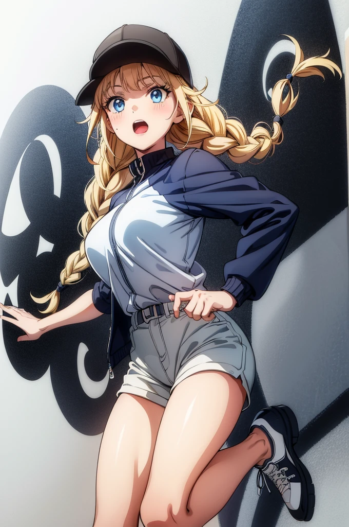 (((grayscale)))(masterpiece:1.2, best quality), (graffiti wall:1.15), 1lady, beanie, jacket, Leggings, blue eyes, fullbody,the animated girl is dressed in a baseball uniform and her hat is backwards, 1girl, solo, shorts, hat, blonde hair, shirt, breasts, white shirt, braid, blue shorts, bangs, blush, baseball cap, twin braids, short sleeves, white background, long hair, simple background, cropped legs, open mouth, looking at viewer, wristband, blue eyes,Eiko Tsukimi, blue eyes, braid, twin braid, blonde hair, long hair