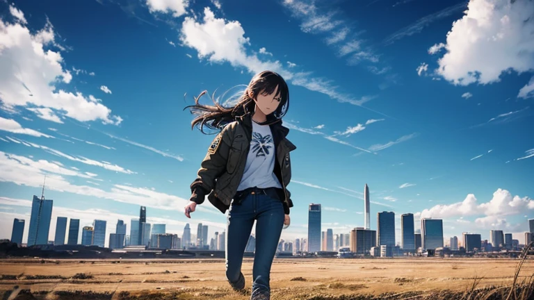 Vast Sky, Beautiful skyline, Wide grassland, A very tense and dramatic photo, Moving visual effects, Polaris in extreme difficulty, Depth of the bounds written, Colorful natural light. rugged jacket, jeans, Girl escaping from darkness.