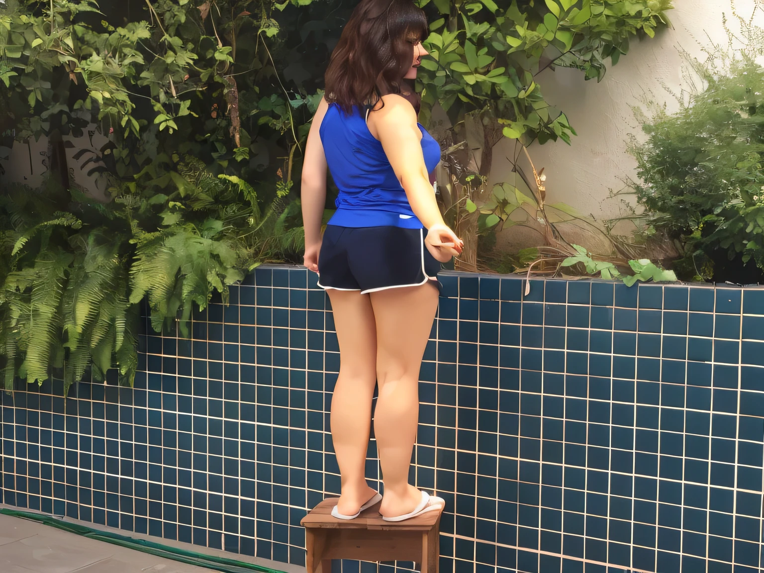 woman in blue shirt and dark blue short shorts and light blue short t-shirt, on a bench next to a garden, shot from behind, back pose, shot from behind, shot from behind, long shot from behind, in shorts, shot from behind , rear - photo, seen from the back, near a swimming pool, hands behind the body pose!, thighs exposed!!!, blue shorts, seen from behind, thick legs, sexy girl wearing shorts, thick thighs, back photo, big thighs, long shot from behind, perfect thighs, extremely sexy woman, sexy pose, 8K, NFSW. Masterpiece, best quality, (best quality), (8k CG unity wallpaper, realistic lighting, extremely detailed), (best quality), (best illustration), (best shadow), absurdities, realistic lighting, (Abyss ), beautiful detailed shine. Best quality, high resolution, Masterpiece: 1.3, High resolution (photographically realistic). She is around 35 years old, a woman in good physical condition.