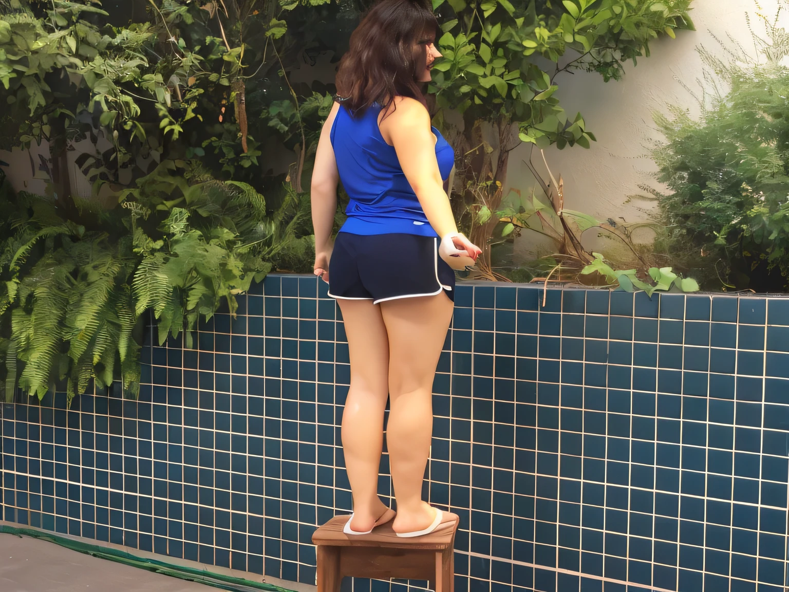 woman in blue shirt and dark blue short shorts and light blue short t-shirt, on a bench next to a garden, shot from behind, back pose, shot from behind, shot from behind, long shot from behind, in shorts, shot from behind , rear - photo, seen from the back, near a swimming pool, hands behind the body pose!, thighs exposed!!!, blue shorts, seen from behind, thick legs, sexy girl wearing shorts, thick thighs, back photo, big thighs, long shot from behind, perfect thighs, extremely sexy woman, sexy pose, 8K, NFSW. Masterpiece, best quality, (best quality), (8k CG unity wallpaper, realistic lighting, extremely detailed), (best quality), (best illustration), (best shadow), absurdities, realistic lighting, (Abyss ), beautiful detailed shine. Best quality, high resolution, Masterpiece: 1.3, High resolution (photographically realistic). She is around 35 years old, a woman in good physical condition.