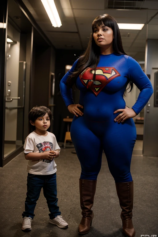 bbw superheroine standing next to a boy, full bodies,