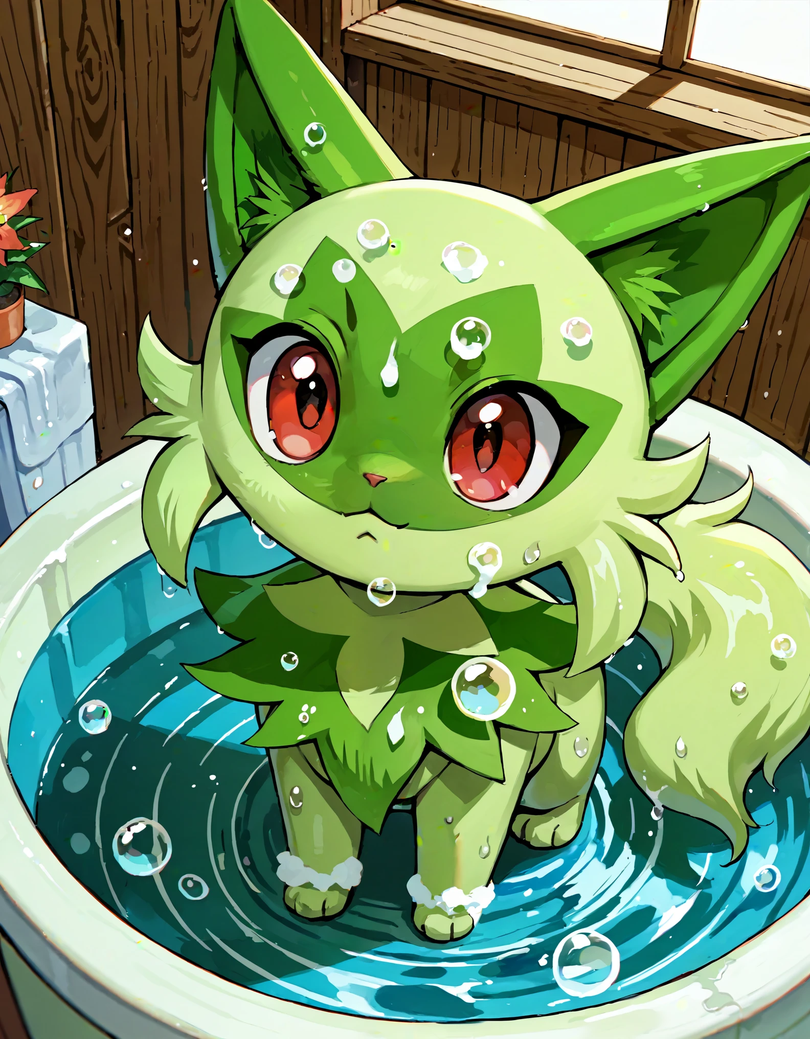 score_9_up, score_8_up, score_7_up, source_anime, (masterpiece, perfectly detailed, detailed face, detailed eyes, beautiful eyes), PokeMaster_PS, pikachu_pokemon, sprigatito_pokemon, no humans, pokemon (creature), red eyes, bubble, soap bubbles, wet, :<, cat, water drop, closed mouth, tiles, indoors