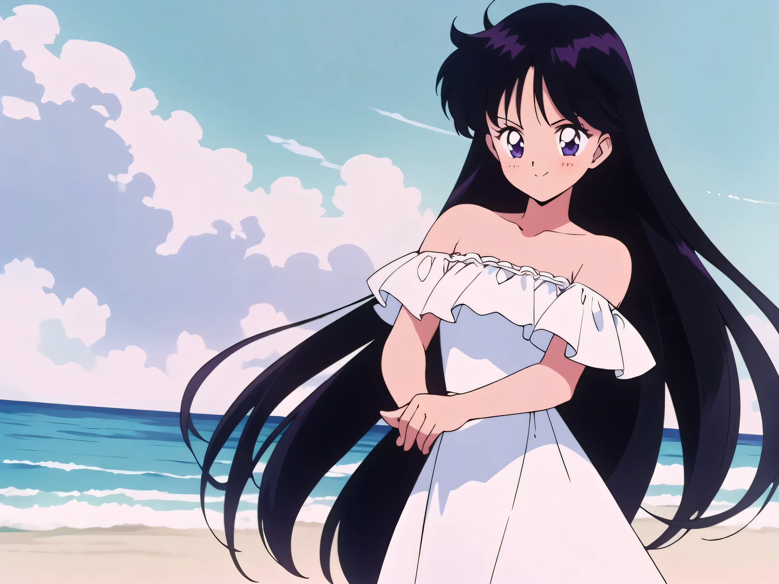 retro anime girl:1.2), (white dress:1.1), (masterpiece:1.2), (best quality), (ultra detailed), (8k,4k), (half body:1.2), (cowboy:1.2), (close up:1.2), (highly detailed:1.2), (Off-the-shoulder attire:1.4), Rei Hino, 1 girl, solo, Best quality, masterpiece, High Definition, Teenager, Purple Eyes, Beautiful Detail Eyes, Black Hair, Long Hair, Good hands, Smile, Blushing, Bare Neck, Bare Arms, Bare Shoulders, short sleeve, Strapless, White Ruffle Off-the-Shoulder Top, White Off-the-shoulder Dress, White maxi dress, standing at the beach Background, blue skies, Close up
