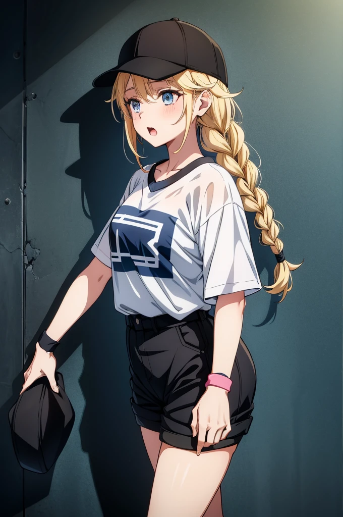 a model in a baseball cap and shorts posing for a photo shoot, 1girl, solo, blue eyes, hat, blonde hair, shorts, braid, black shorts, shirt tucked in, twin braids, long hair, open mouth, shirt, looking at viewer, white shirt, black headwear, breasts, short sleeves, blush, baseball cap, high-waist shorts