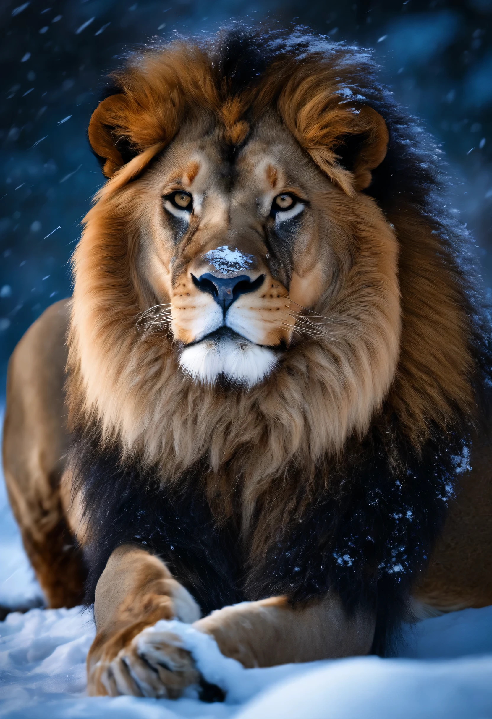 Big alpha male lion in snow night