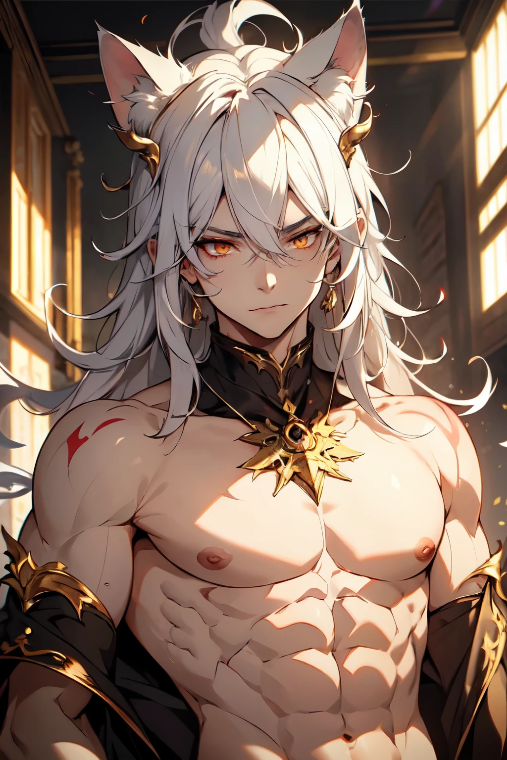 (masterpiece:1.3),(最high quality:1.4),(Very detailedな:1.5),High resolution,Very detailed,8k,artwork,High level of detail,rendering,high quality,Wide range of colors,wallpaper,Dark fantasy.((One anime young man))Silver Hair,Very Short Hair,Thin silver eyebrows,Red eyes,Dark circles around the eyes,Handsome,His face is a fearless smile,An evil look,(The clothes are Greek mythology-inspired fashion.)Zeus-inspired fashion from Greek mythology,The background is a golden god々Wearing a good aura。Dynamic pose。