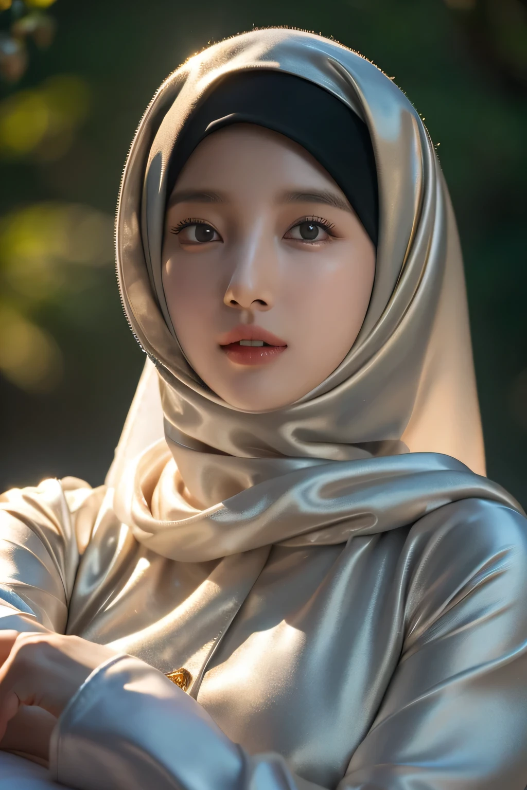 8k, masterpiece, RAW photo, best quality, photorealistic, extremely detailed CG unity 8k wallpaper, Depth of field, Cinematic Light, Lens Flare, Ray tracing, (extremely beautiful face, beautiful lips, beautiful eyes), intricate detail face, ((ultra detailed skin)), best quality, Masterpieces, Super high resolution, (photograph realistic:1.5), Original image, Abaya satin, 1girl muslim, satin abaya, satin, hijab face portrait ((hijabers model)), neutral background, 8k uhd, dslr, soft lighting, high quality, film grain, Fujifilm XT3, covered dress, decent dress, cheerful facial expression.