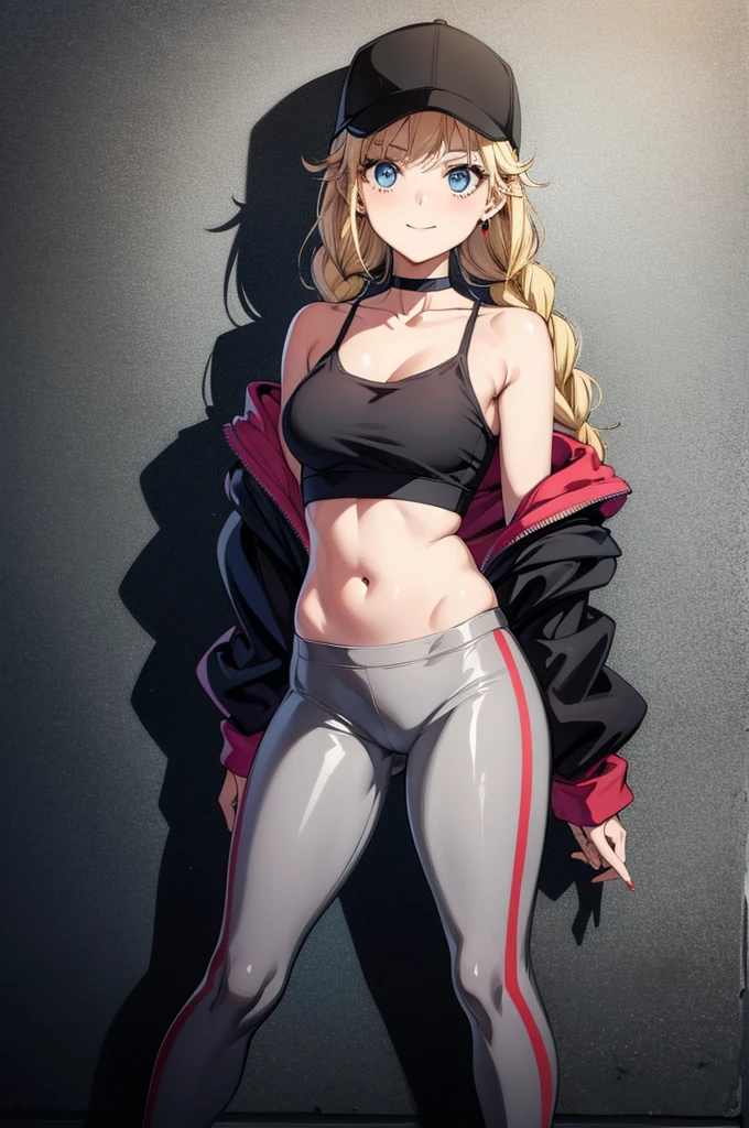 (((grayscale)))(masterpiece:1.2, best quality), (graffiti wall:1.15), 1lady, beanie, jacket, Leggings, blue eyes, fullbody,1girl, a blonde haired anime looking anime wearing red leggings and crop top with black jacket, 1girl, solo, breasts, white jacket, navel, off shoulder, shoes, jacket, sneakers, open jacket, blonde hair, blue eyes, white footwear, open clothes, midriff, cleavage, twin braids, full body, pants, hat, large breasts, choker, looking at viewer, jewelry, earrings, bare shoulders, crop top, smile, braid, collarbone, standing, black choker, beanie, long hair, long sleeves, black headwear, stomach, more_details:-1, more_details:0, more_details:0.5, more_details:1, more_details:1.5, Eiko Tsukimi, blue eyes, braid, double braid, blonde hair, long hair,baseball cap