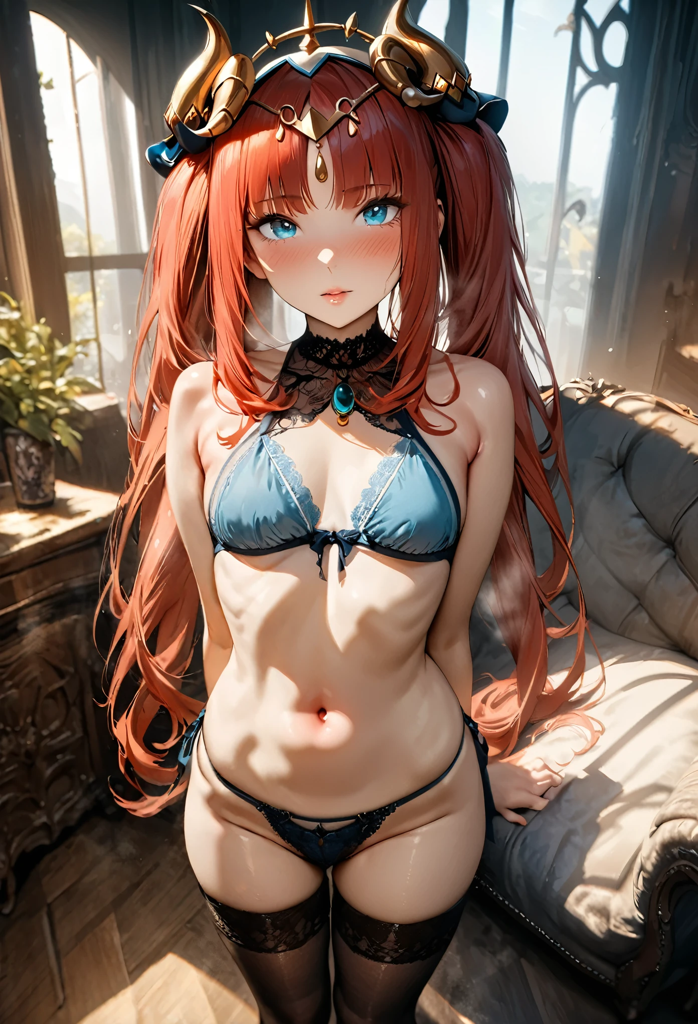 photo, 8k, intricate, elegant, highly detailed, majestic, digital photography, (masterpiece, finely detailed beautiful eyes : 1.2), hdr, realistic, high resolution, (best quality, masterpiece:1.2), ultra detailed, (anime), 1girl, nilou, red hair, twintails, blue eyes, long hair, very small breasts, lips, (looking at viewer), standing, (front view), sofa, (room:1.3), stockings, sexy lingerie